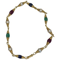 David Webb Pearls, Emerald, Ruby, Sapphires Necklace