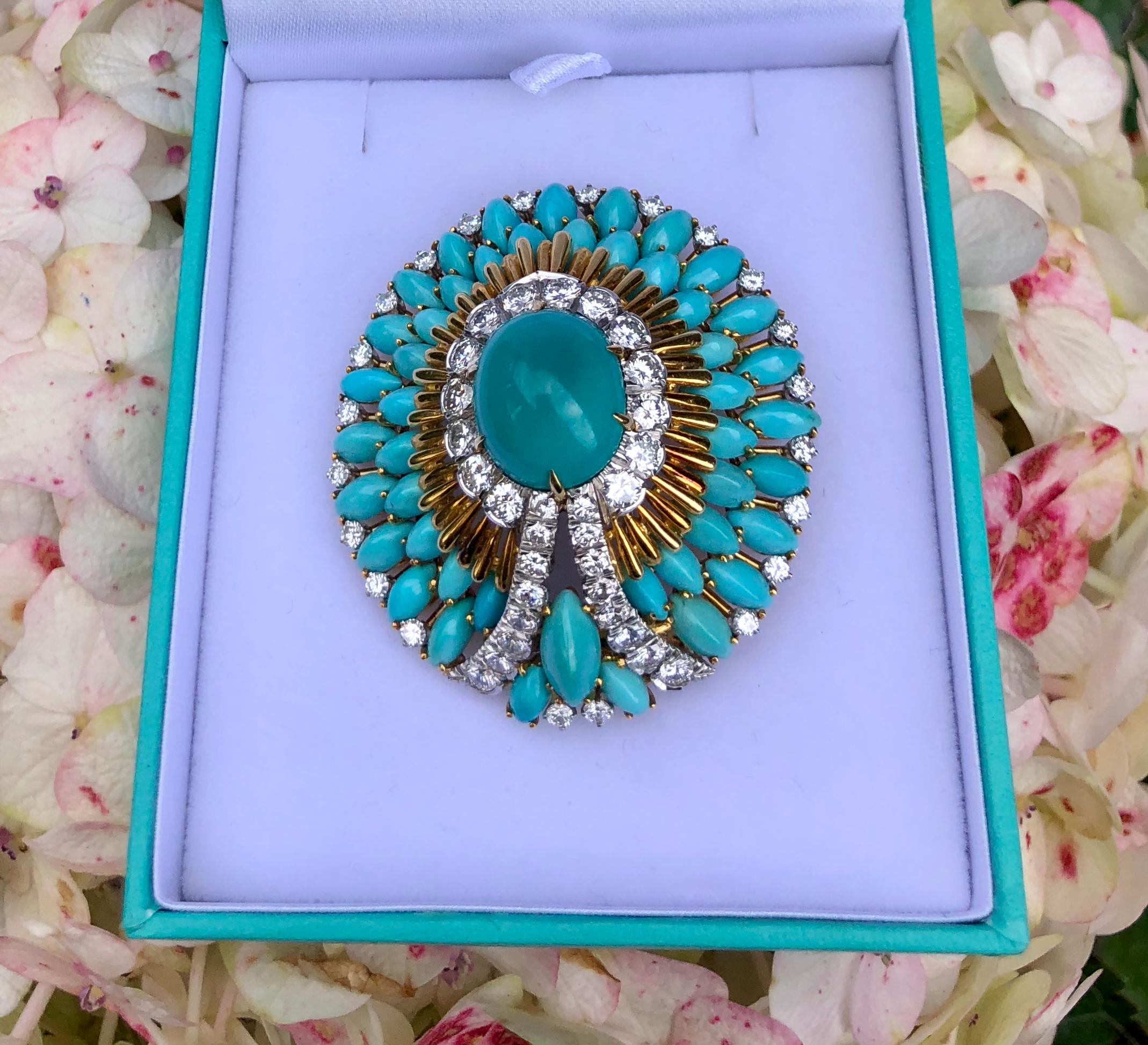 Magnificently elegant, handmade large, 18 karat yellow gold Art Deco style, estate brooch pin features a top quality robin's egg blue color oval cut Persian turquoise stone weighing approximately 10.9 carats. This fantastic stone is talon prong set
