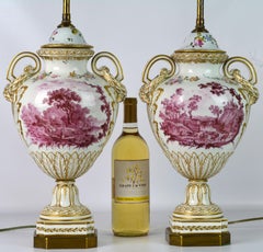 Pair of 19th Century French Old Paris Puce Camaieu Decorated Urns & Table Lamps