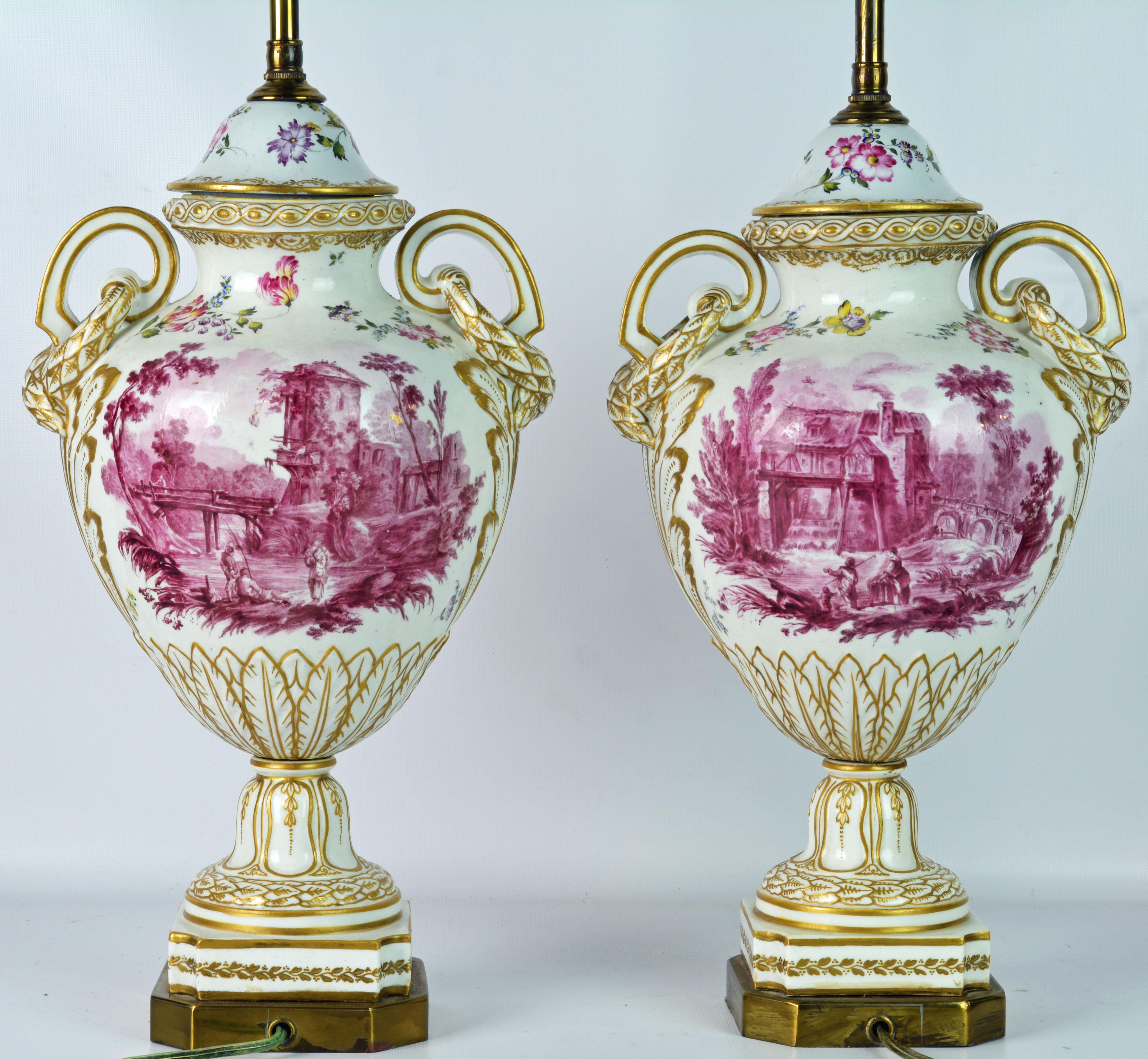 Louis XVI Pair of 19th Century French Old Paris Puce Camaieu Decorated Urns & Table Lamps