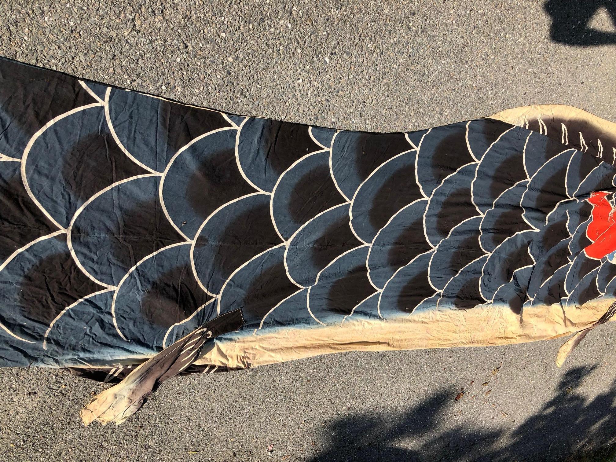 Japanese Gigantic 26 Foot Old Children's Day Koi Flag, Hand-Painted In Good Condition In South Burlington, VT