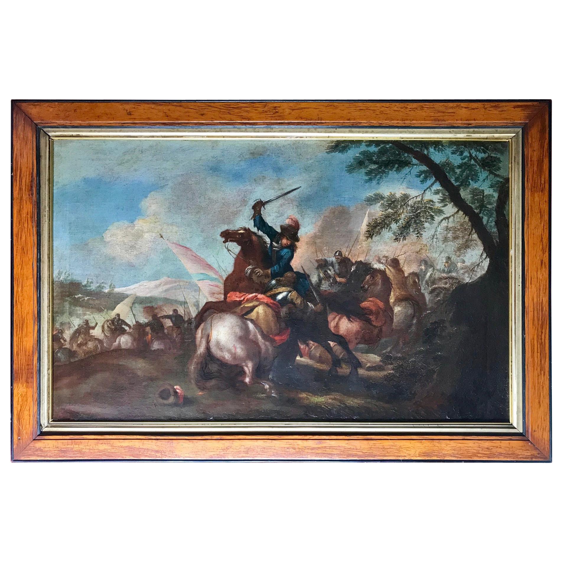 Old Master Painting Flemish 17th Century, Cavalry Charge Battle Scene