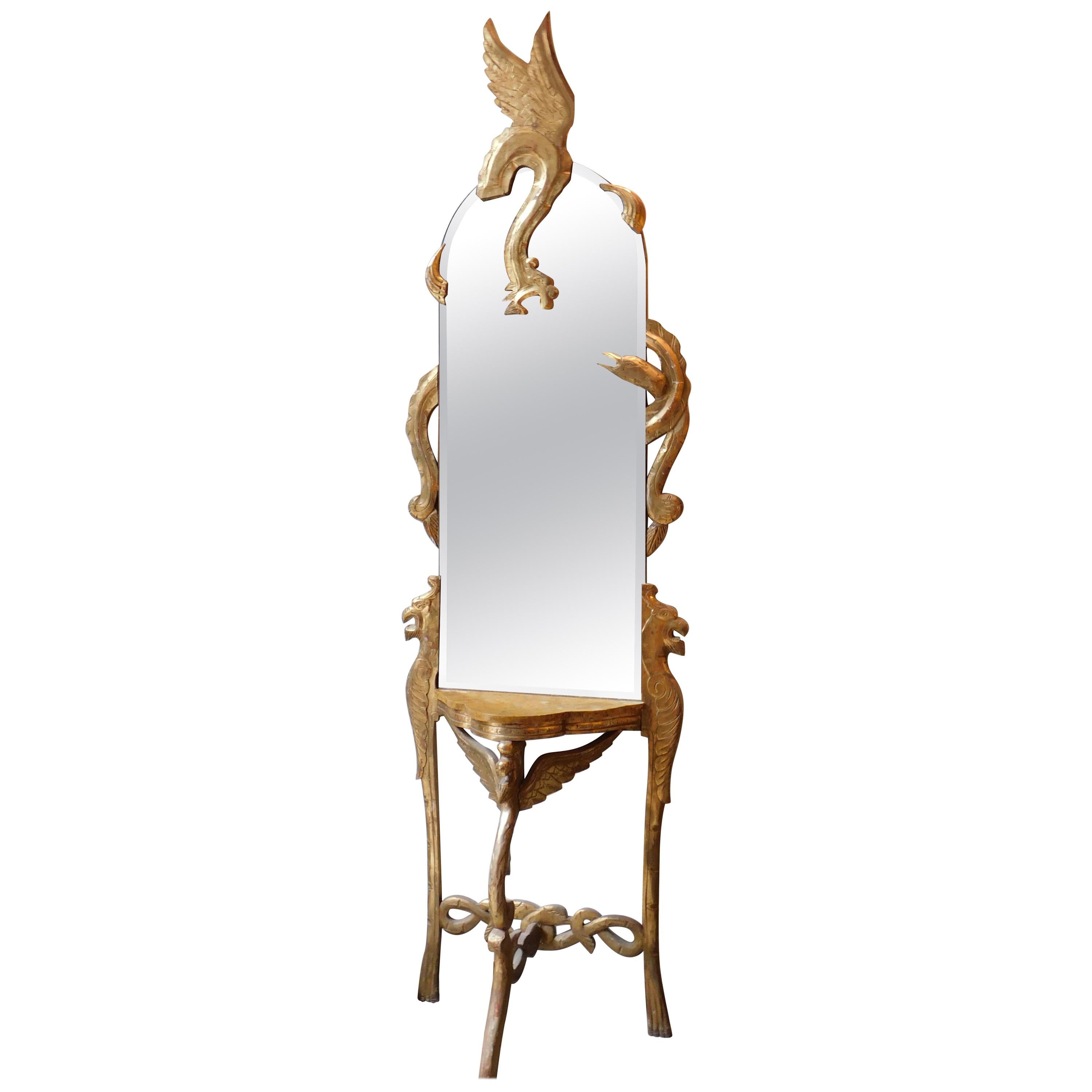 Italian Art Deco Giltwood Console Table or Mirror with Mythical Beast