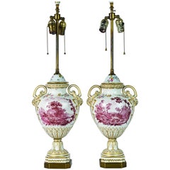 Pair of 19th Century French Old Paris Puce Camaieu Decorated Urns & Table Lamps