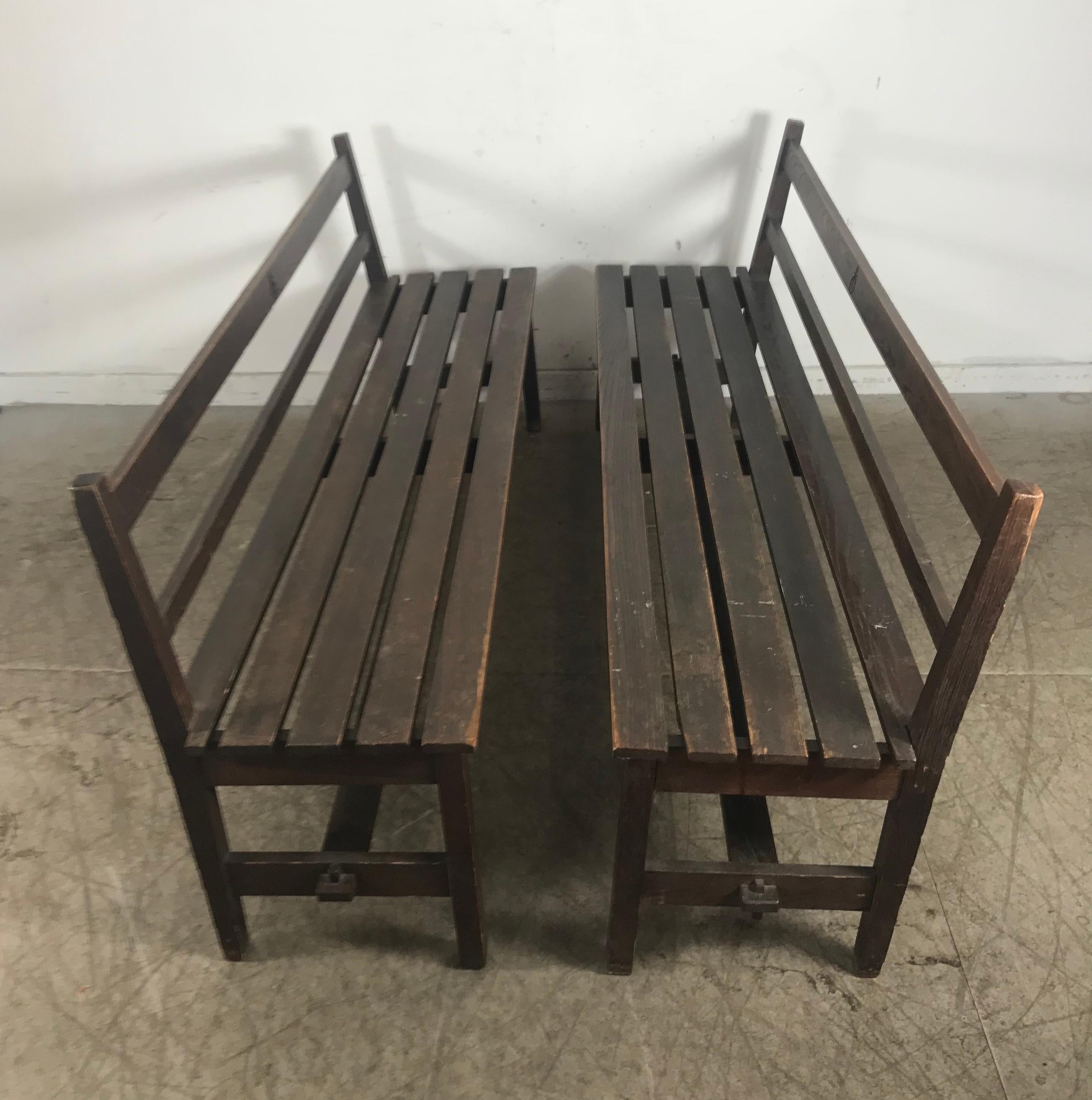 Rare Pair of Roycroft Oak Benches, Inventory Number from the Inn, circa 1905 For Sale 2
