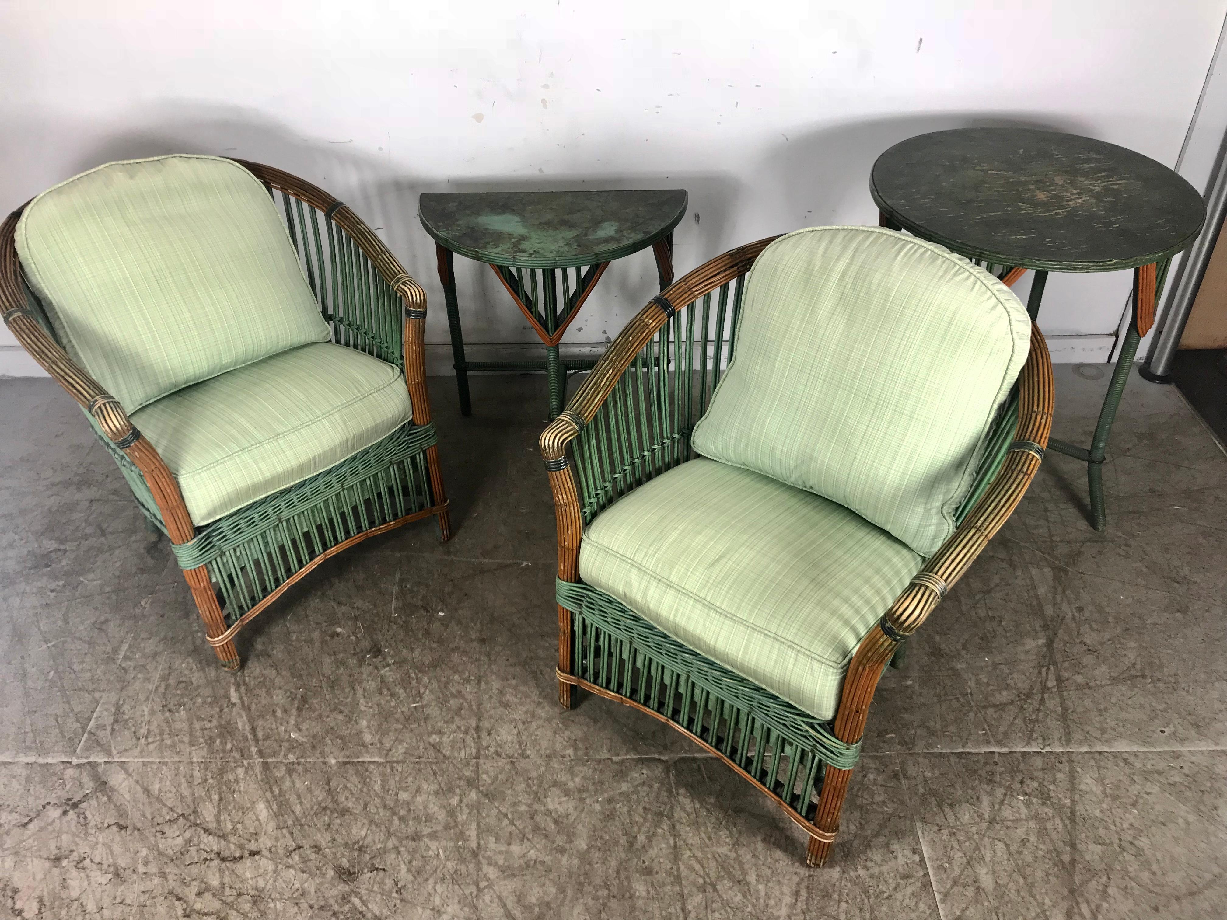 Pair of Art Deco Split Reed Stick Wicker Lounge Chairs 5