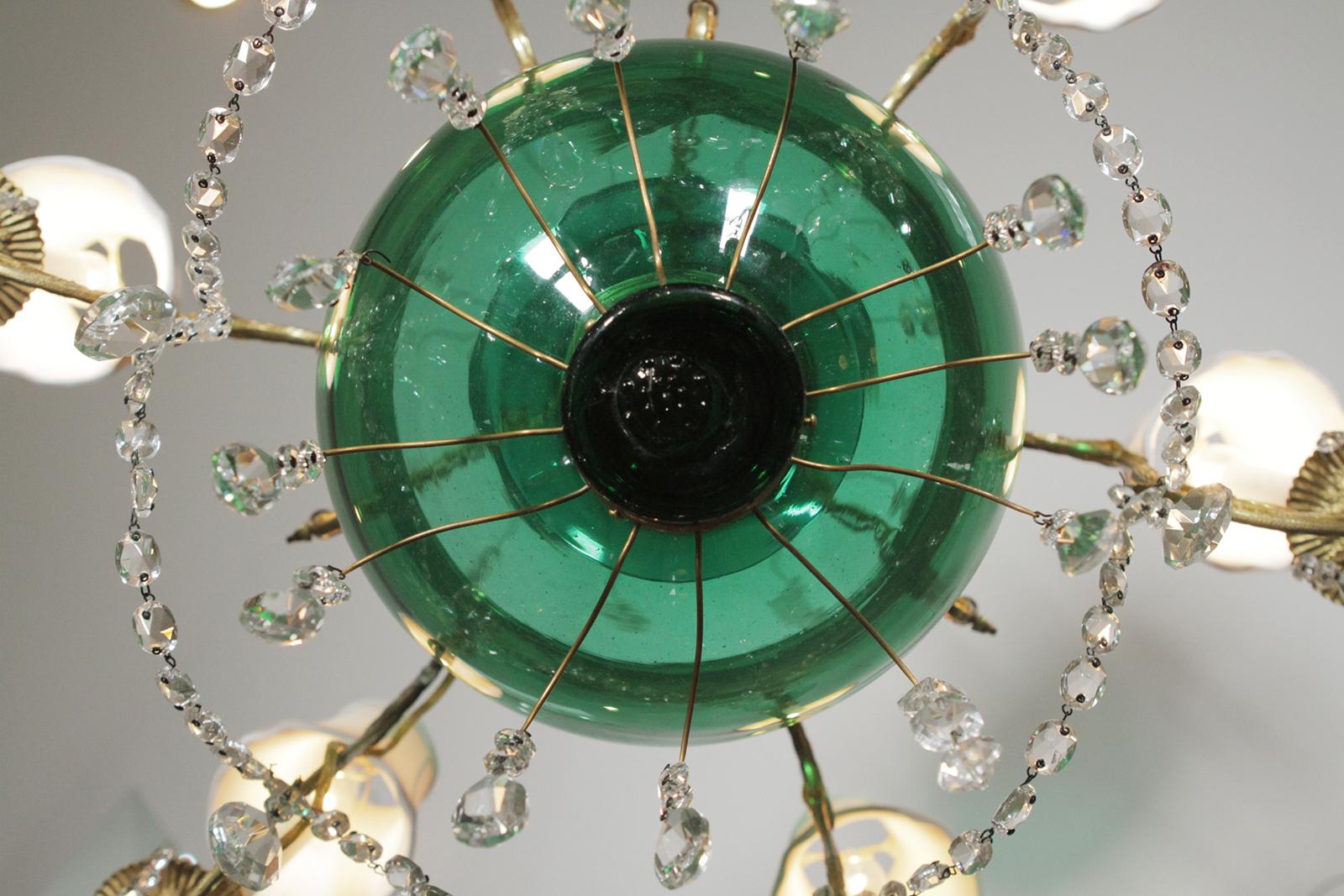 Elegant Gilt Bronze and Emerald Green Glass Chandelier 4
