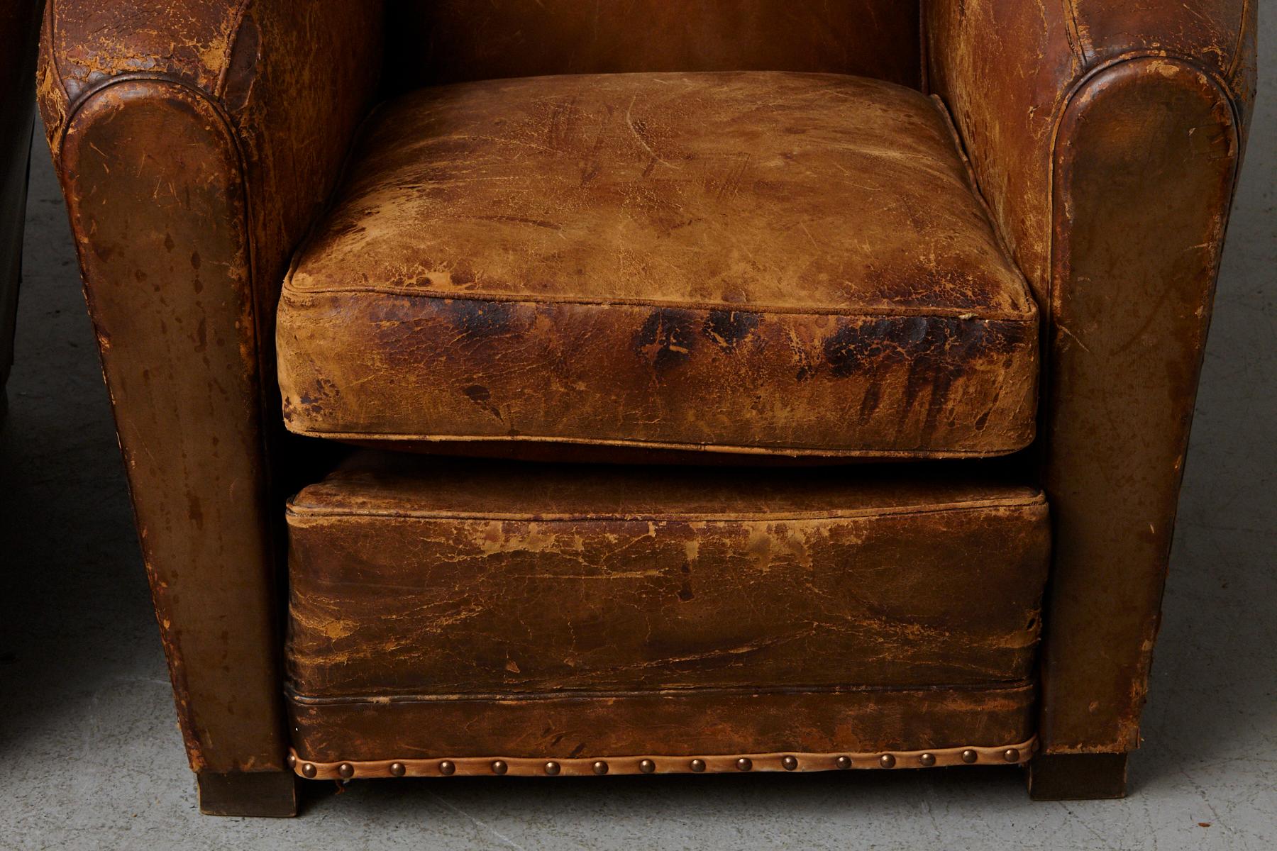 Pair of Large Distressed French Leather Fauteuils or Club Chairs, circa 1930s 5