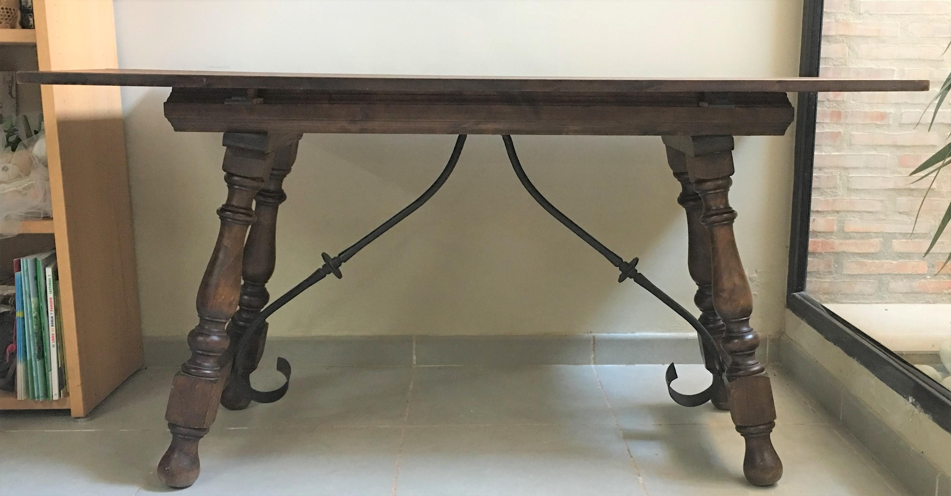 20th Century Spanish Console Fold Out Farm Table with Iron Stretcher 6