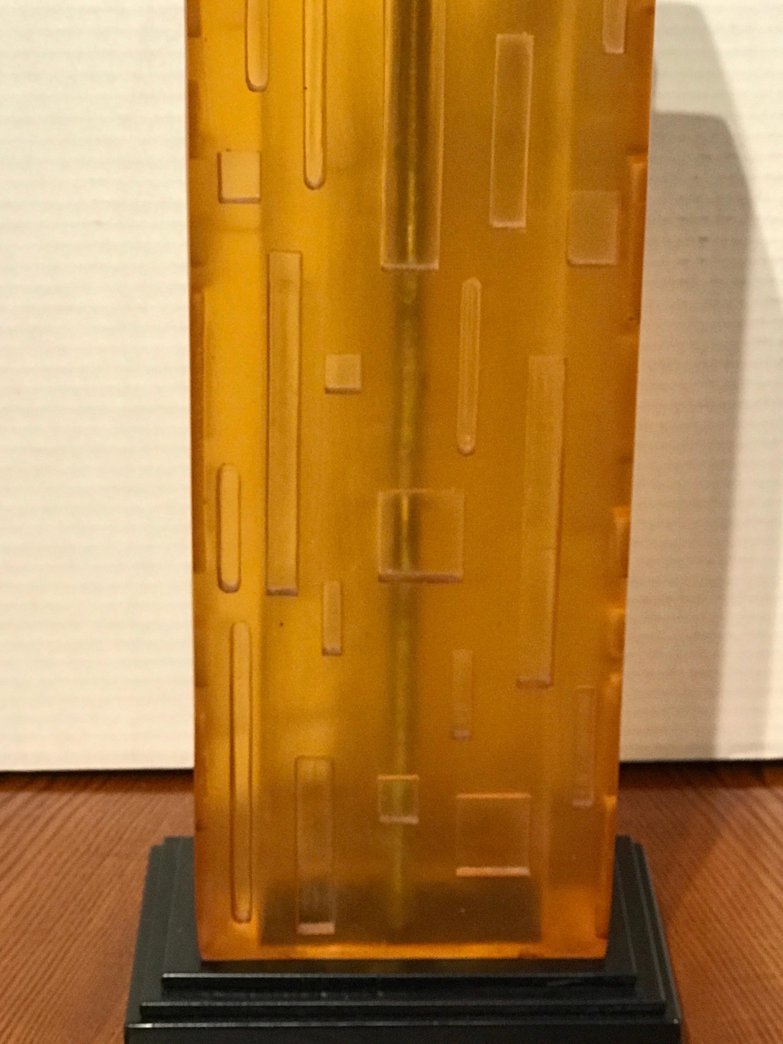 Pair of Cityscape Citrine Lucite Lamps with Custom Shades For Sale 3