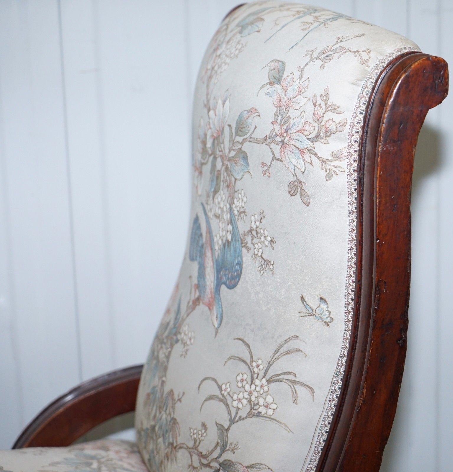 Victorian Mahogany Library Chair Part of Suite Satin Floral and Birds Upholstery 5