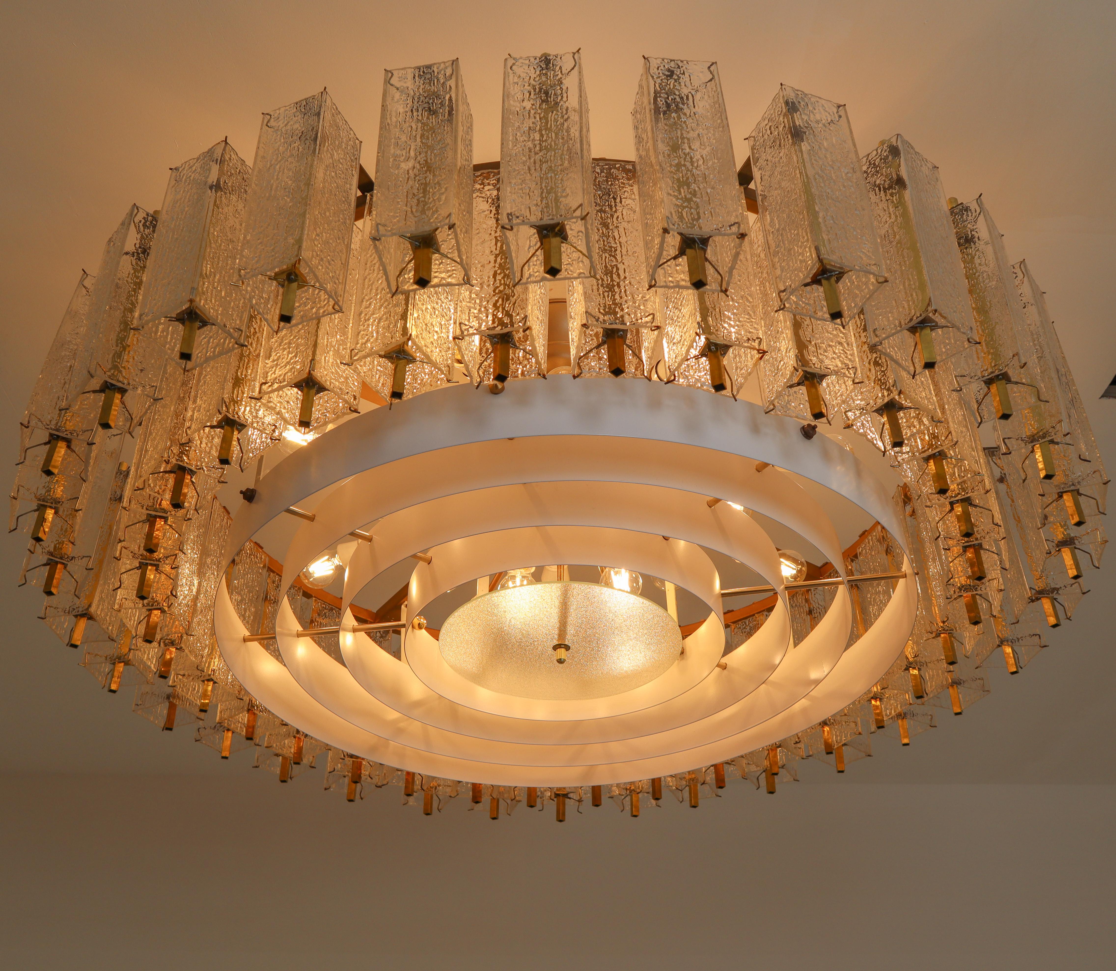 Three Extra Large Midcentury Chandeliers in Structured Glass and Brass, Europe 4