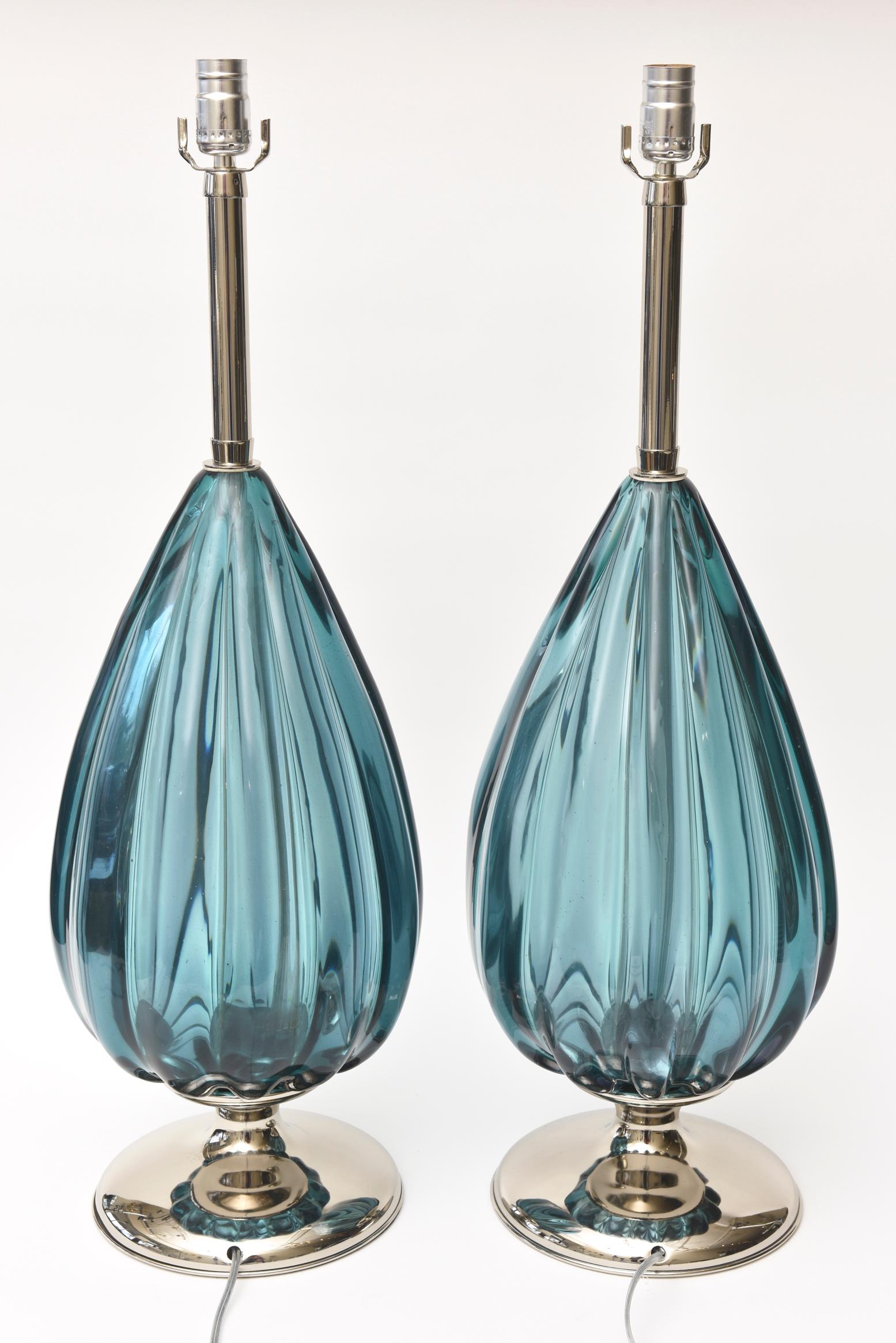  Murano Archimede Seguso Sapphire Glass and Nickel Silver Lamps Pair Of 3