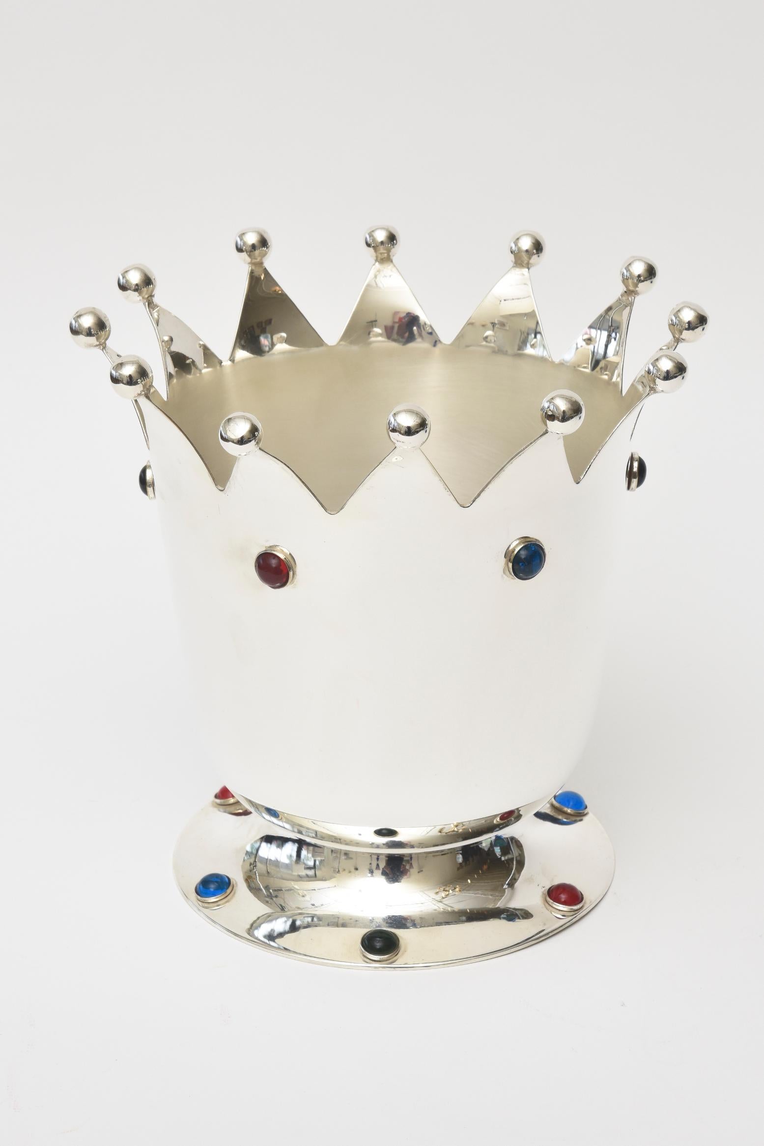 Mid-Century Modern Silver Plate & Glass Stone Crown Ice/ Champagne Bucket/ Bar 2