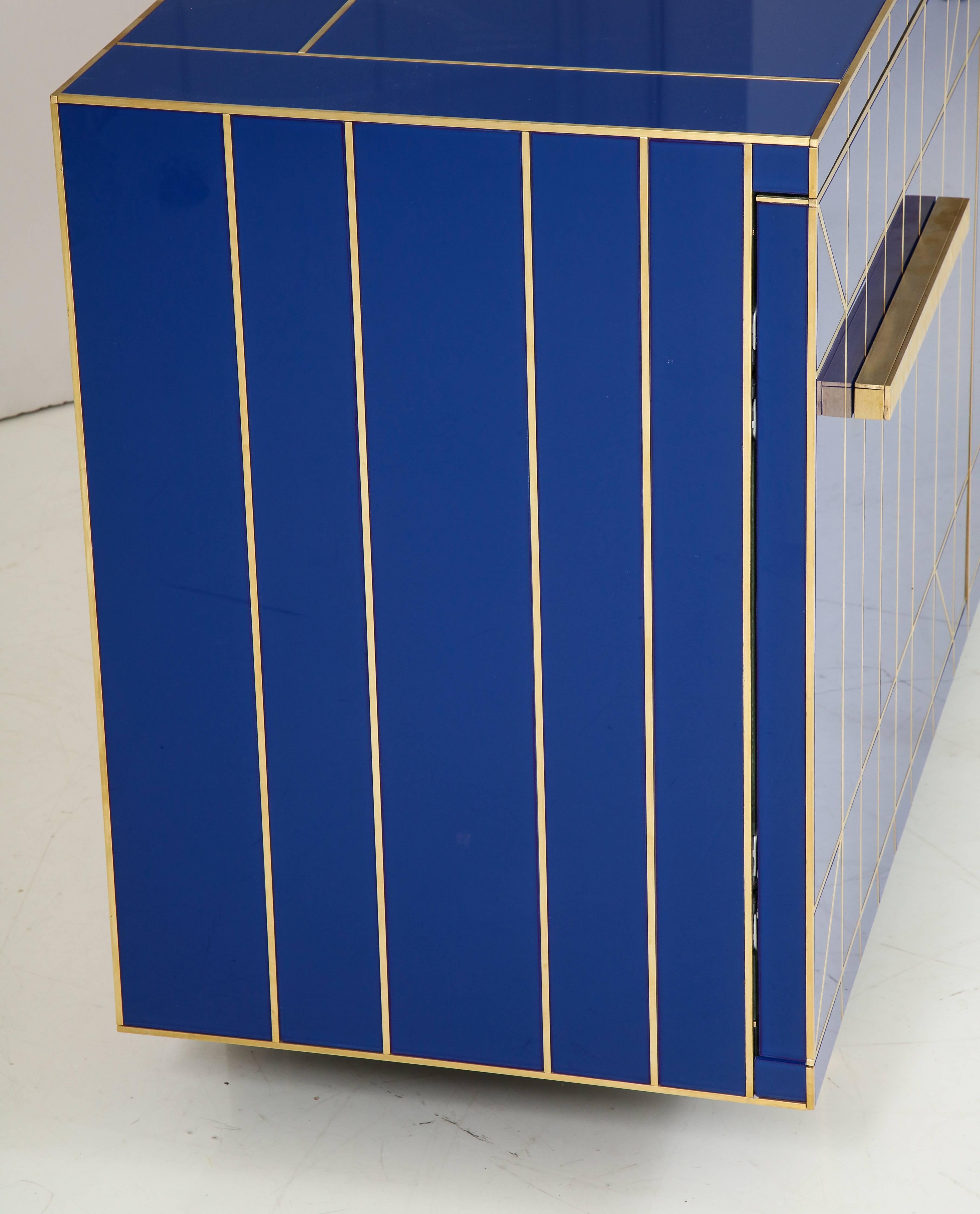 Cobalt Blue Glass with Brass Inlay Mirrored Sideboard, Spain, Signed 3