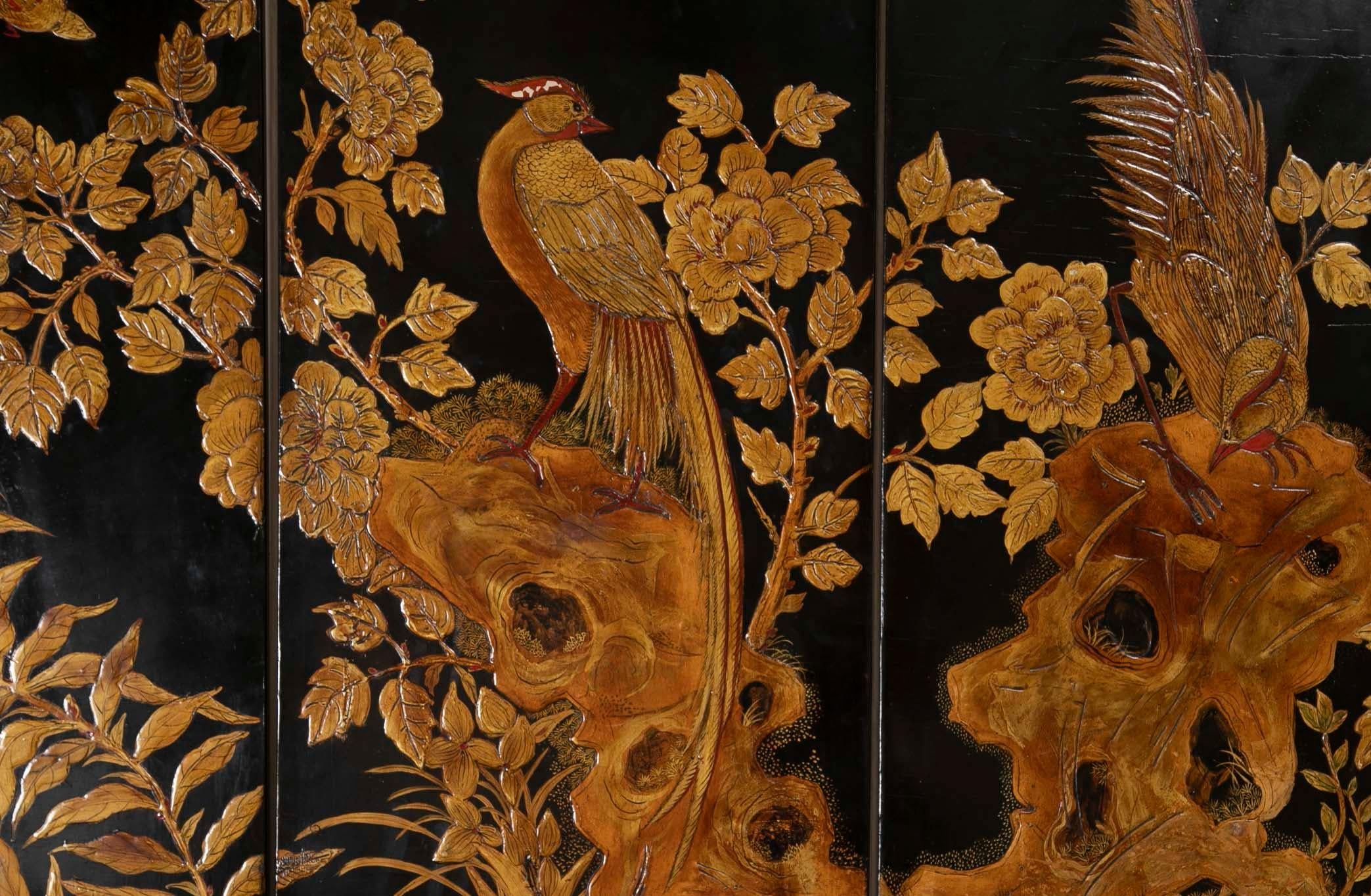 Four Panel Chinese Lacquered Screen Depicting a Phoenix 4