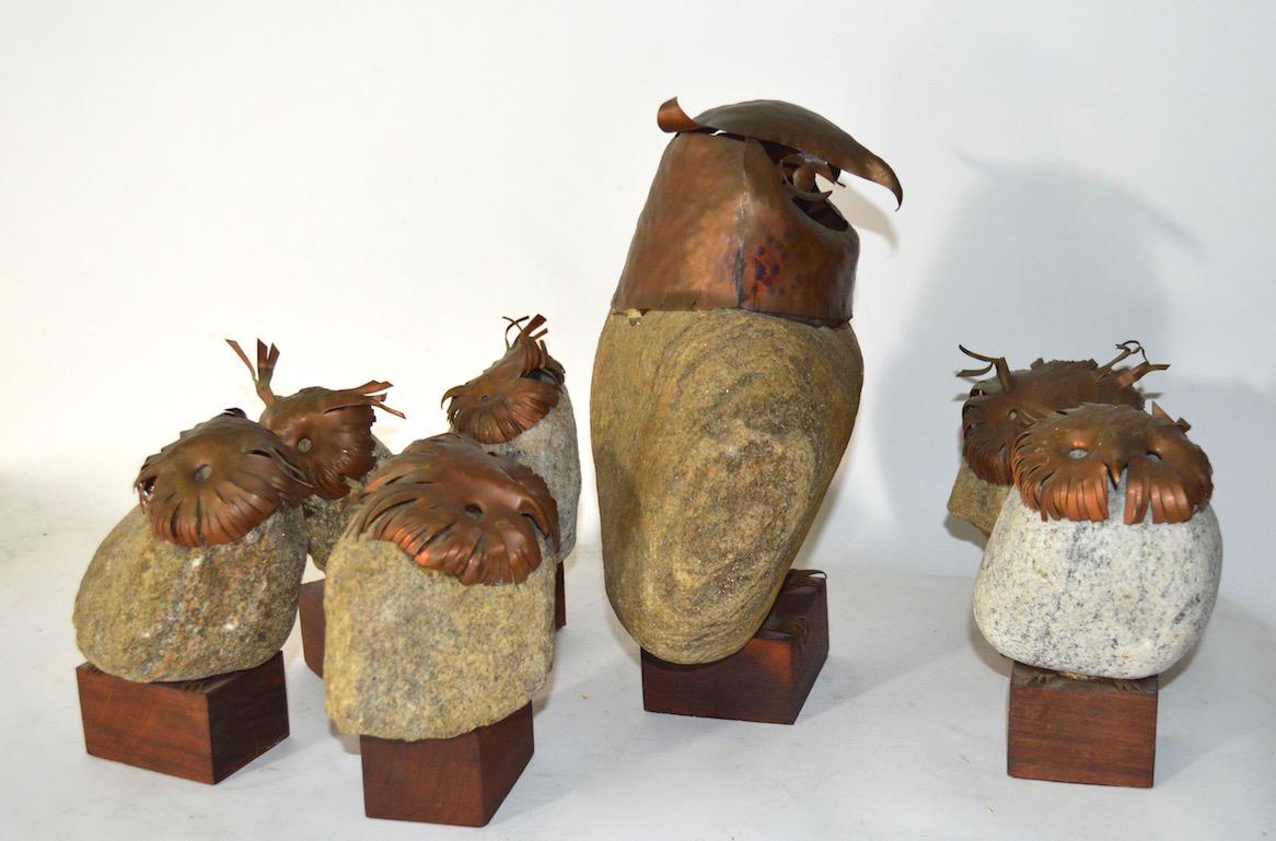 Seven-Piece Collection Brutalist Owls with Copper Heads and Feet with Stone Body 5