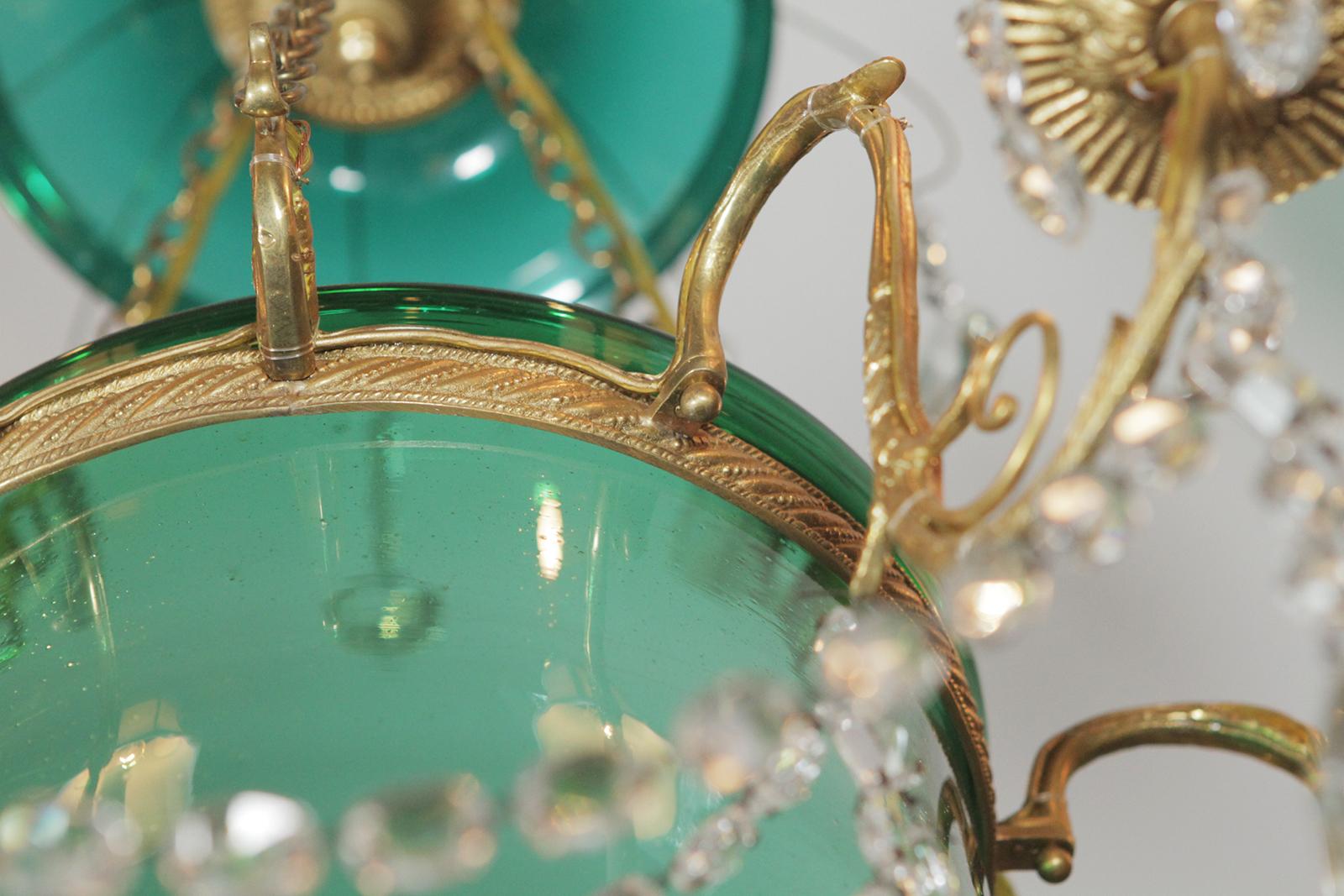Elegant Gilt Bronze and Emerald Green Glass Chandelier 5