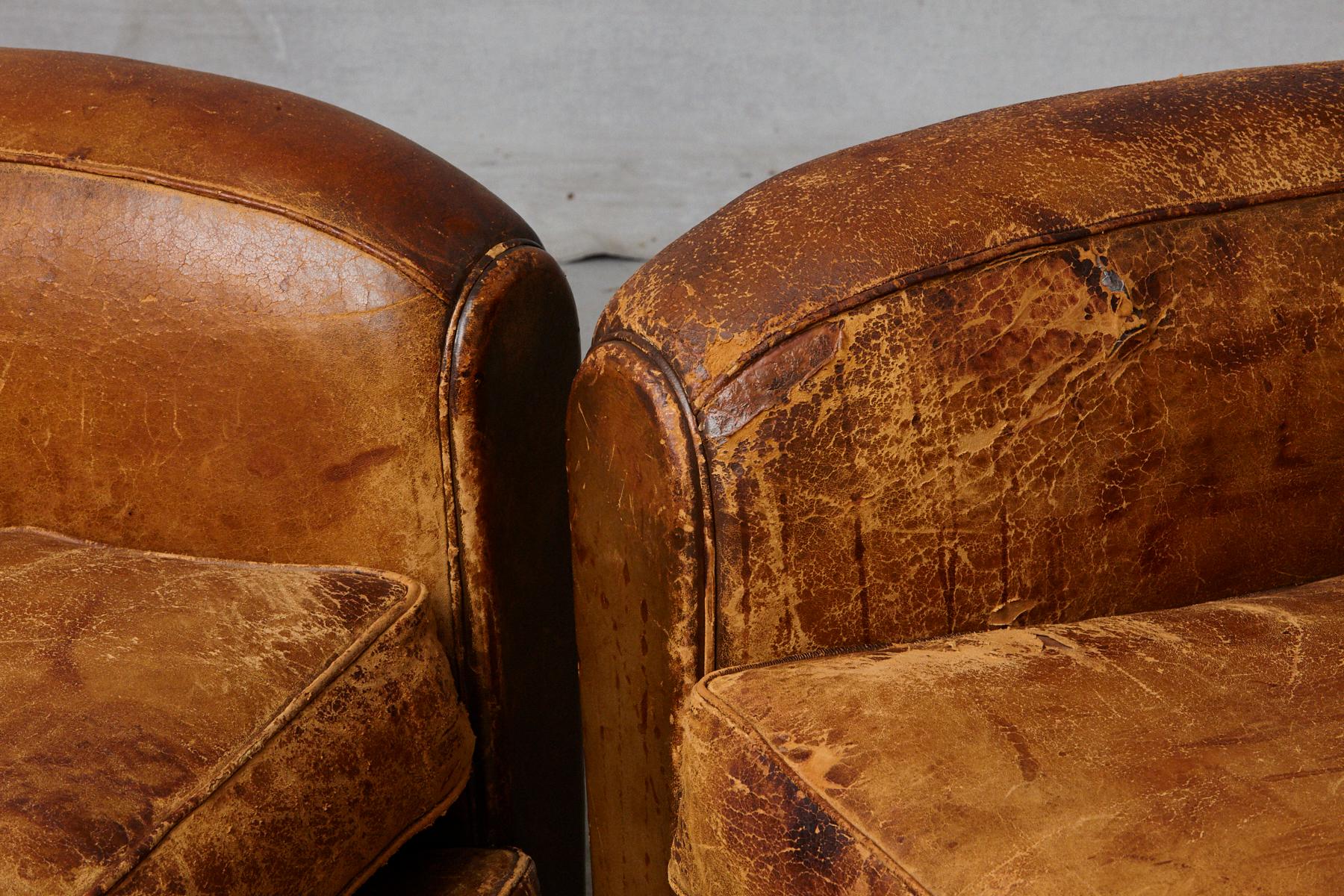 Pair of Large Distressed French Leather Fauteuils or Club Chairs, circa 1930s 6