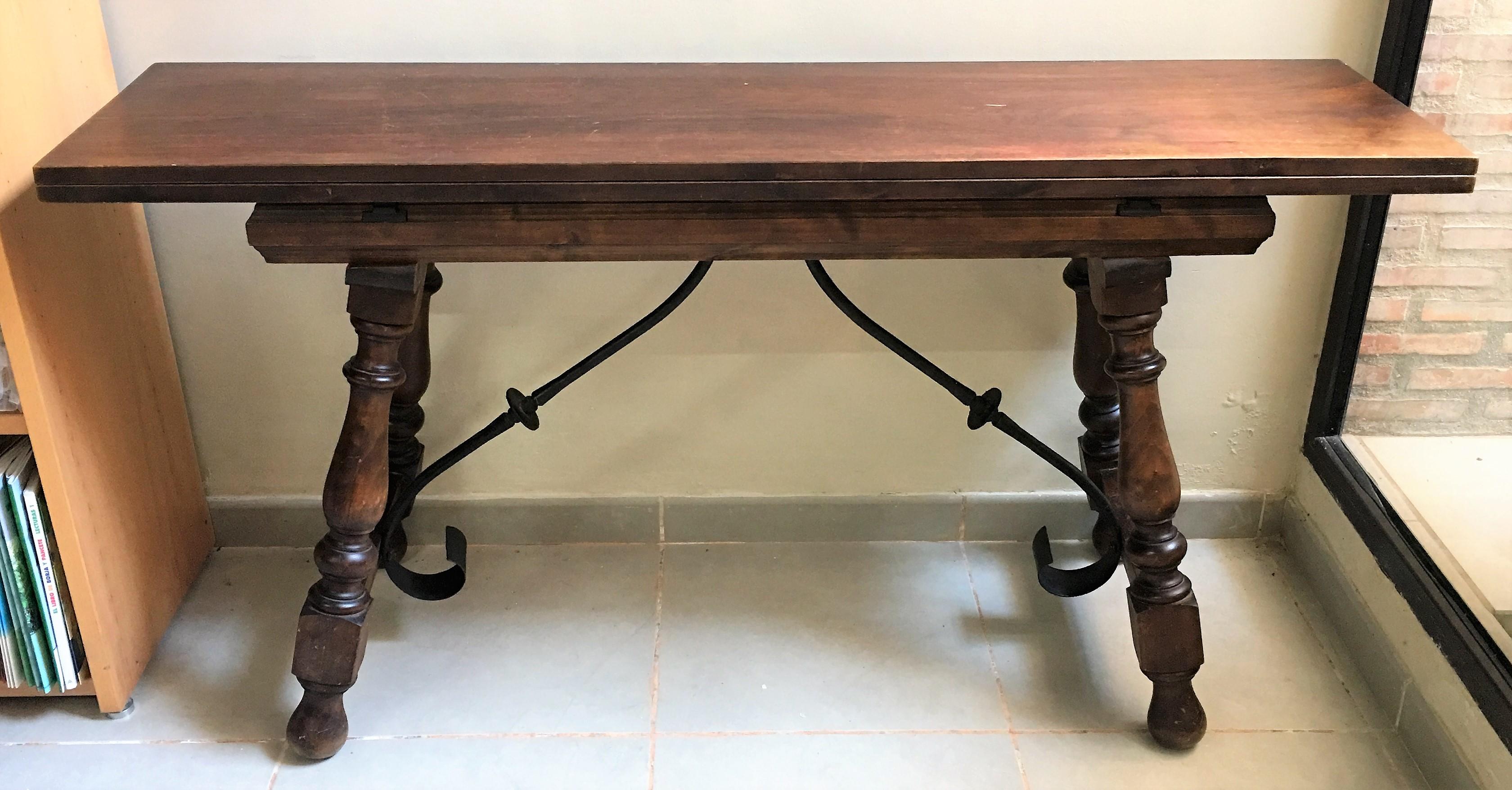 20th Century Spanish Console Fold Out Farm Table with Iron Stretcher 7