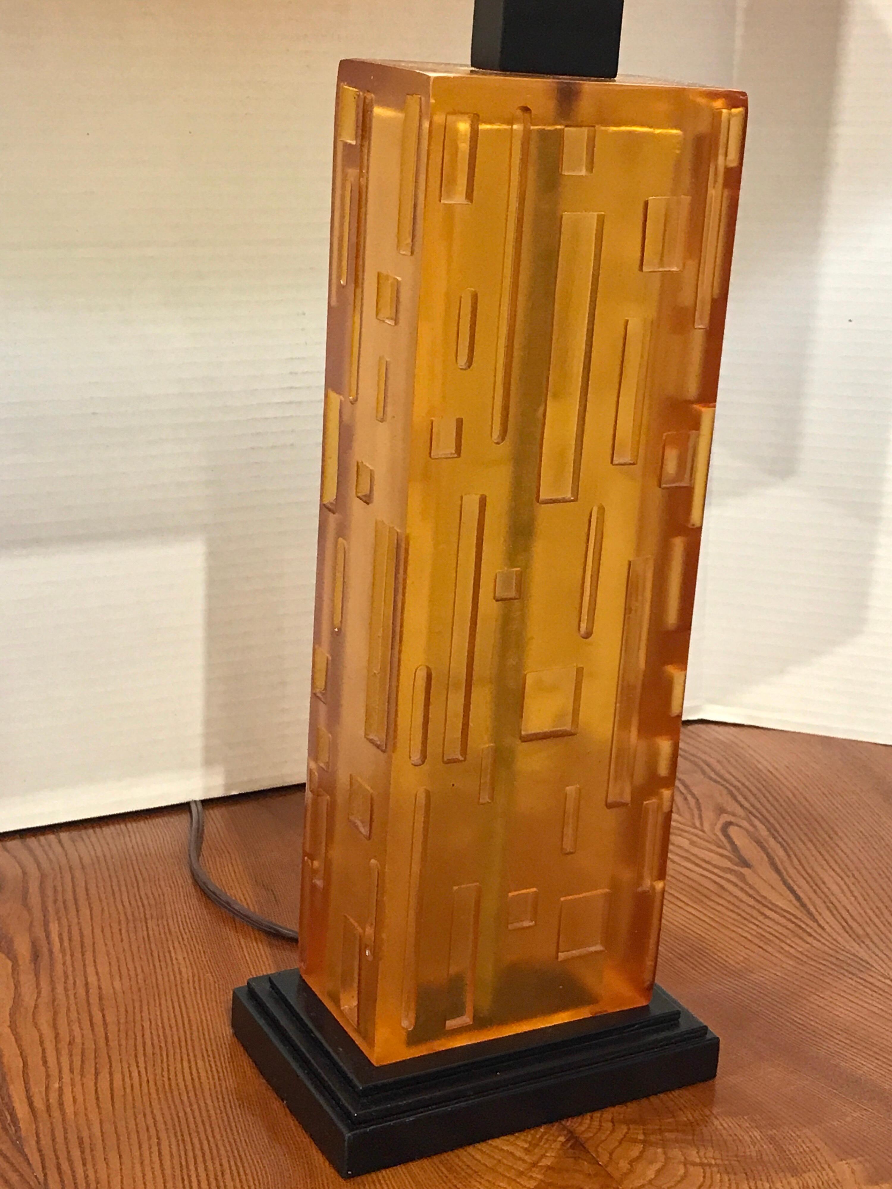 Pair of Cityscape Citrine Lucite Lamps with Custom Shades For Sale 4