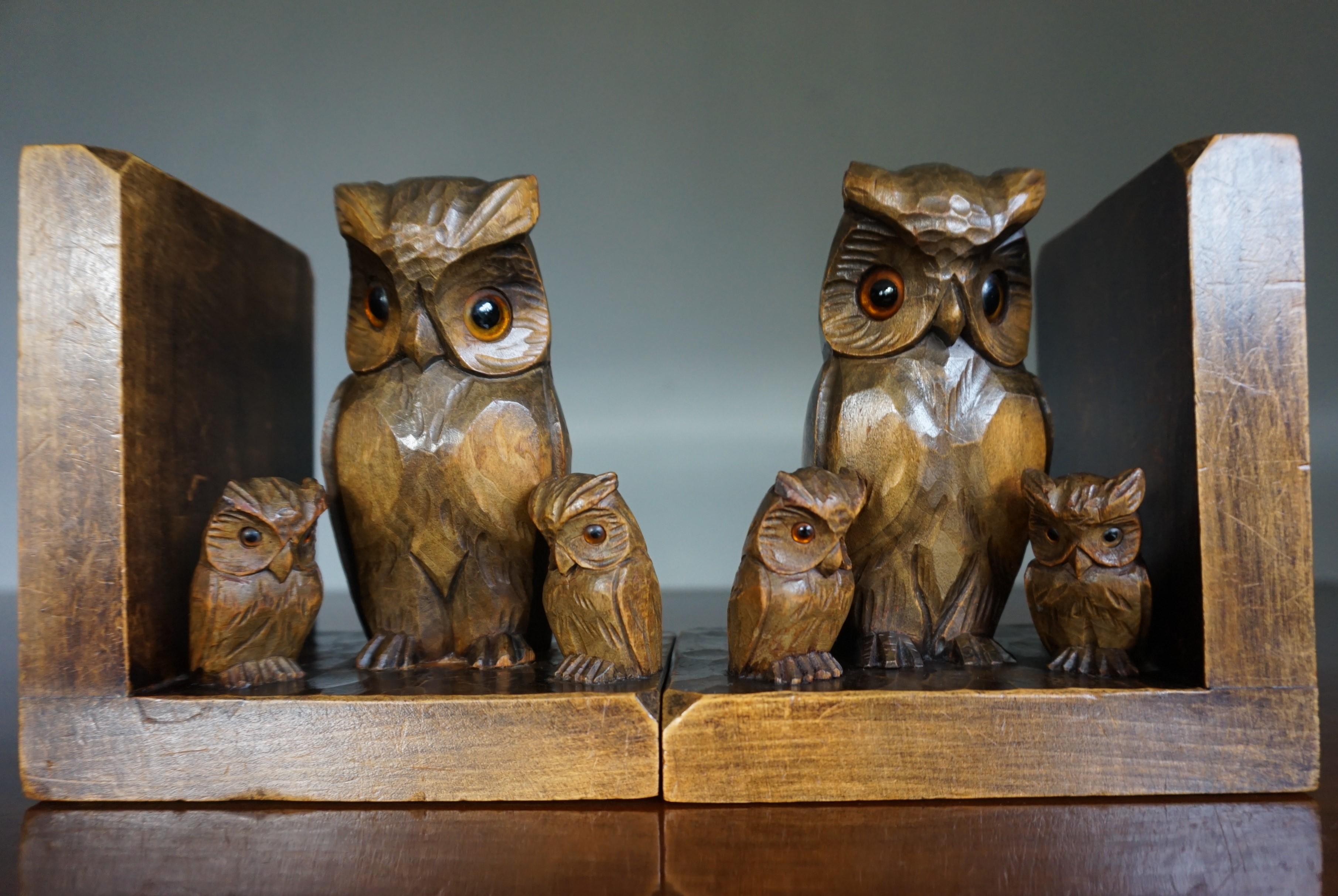 Early 20th Century Art Deco Era Bookends W. Hand Carved Family of Owl Sculptures 5