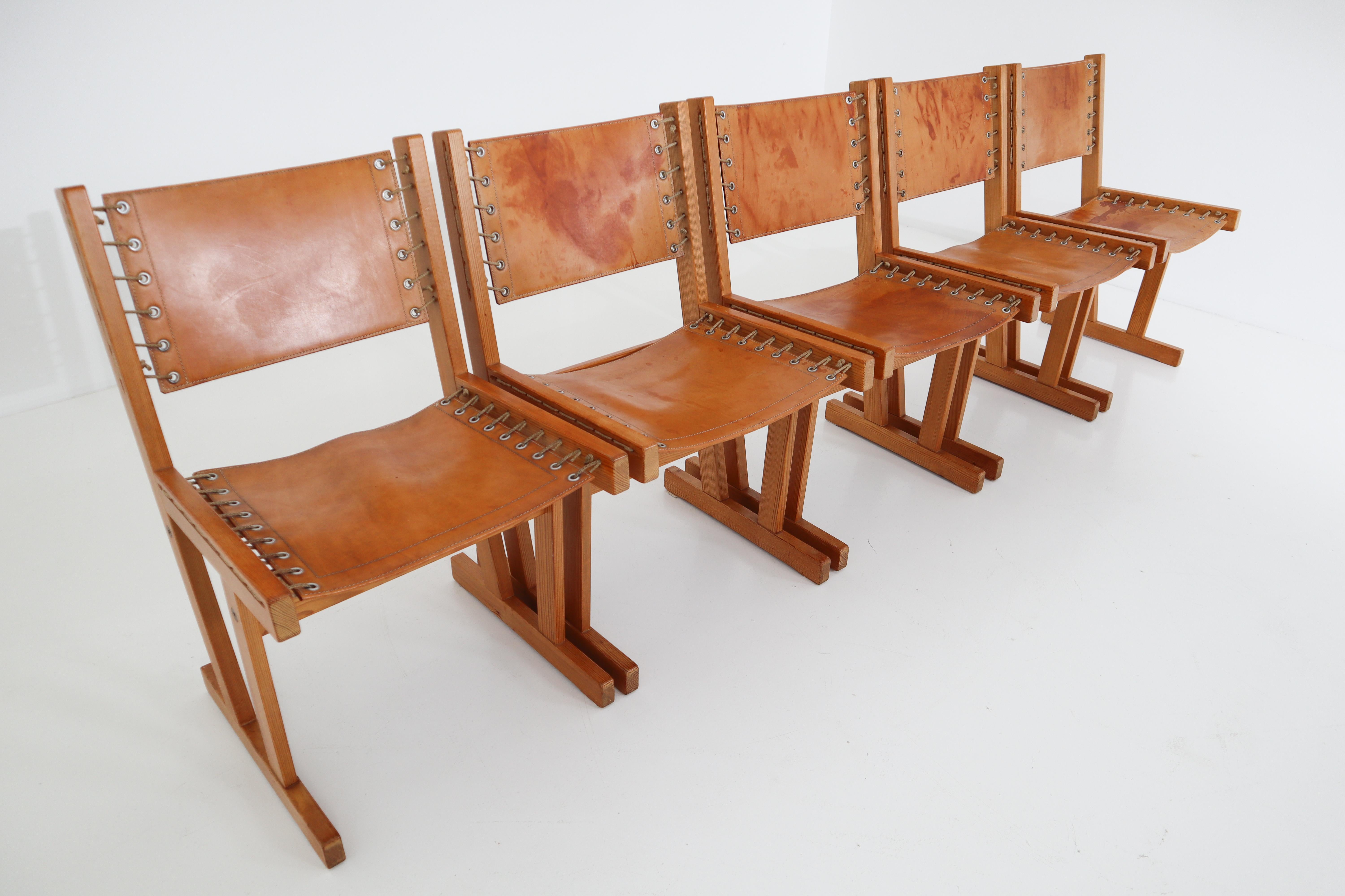 Midcentury Safari Chairs in Thick Cognac Saddle Leather and Solid Pine Wood 2