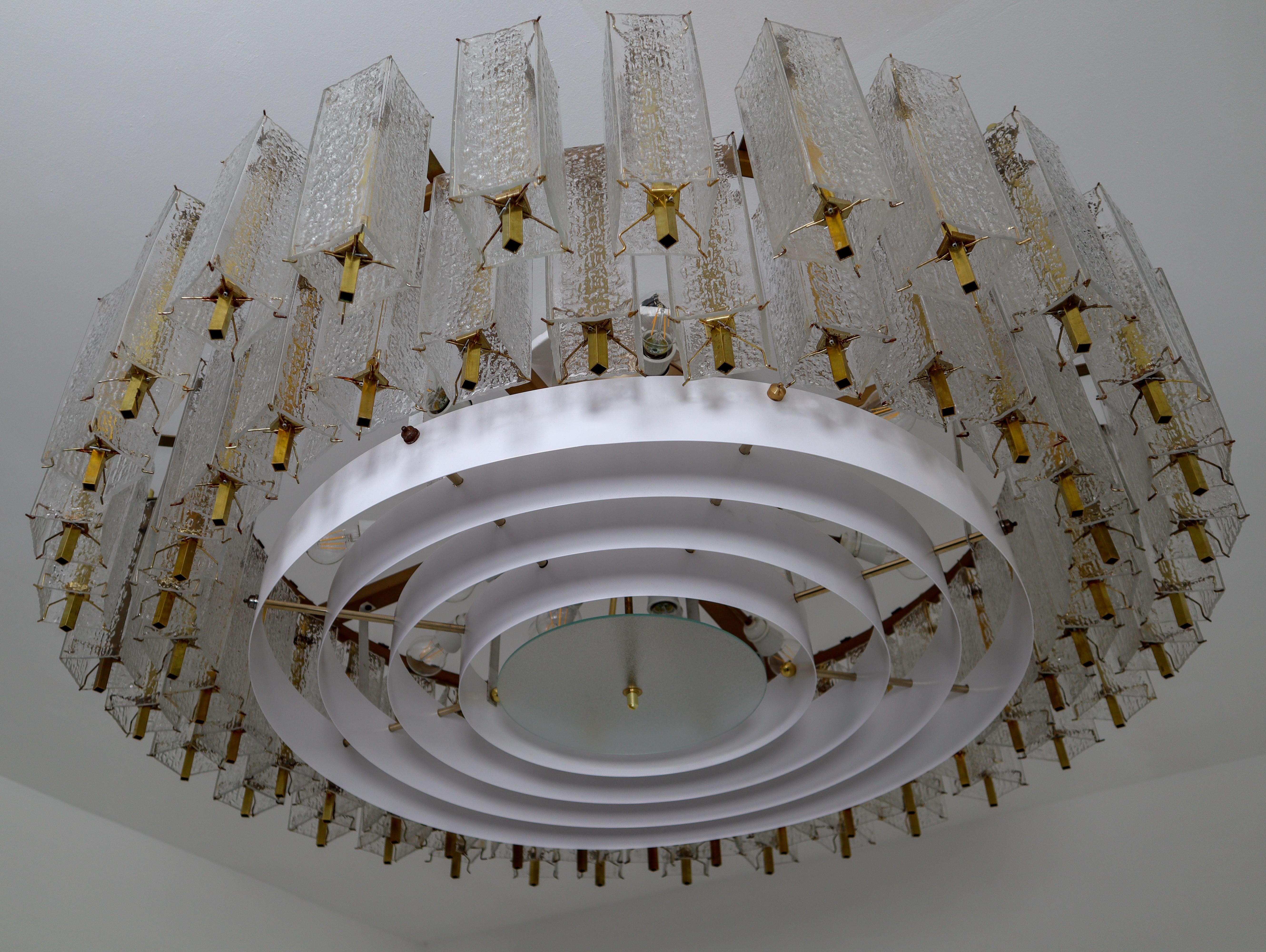 Three Extra Large Midcentury Chandeliers in Structured Glass and Brass, Europe 5