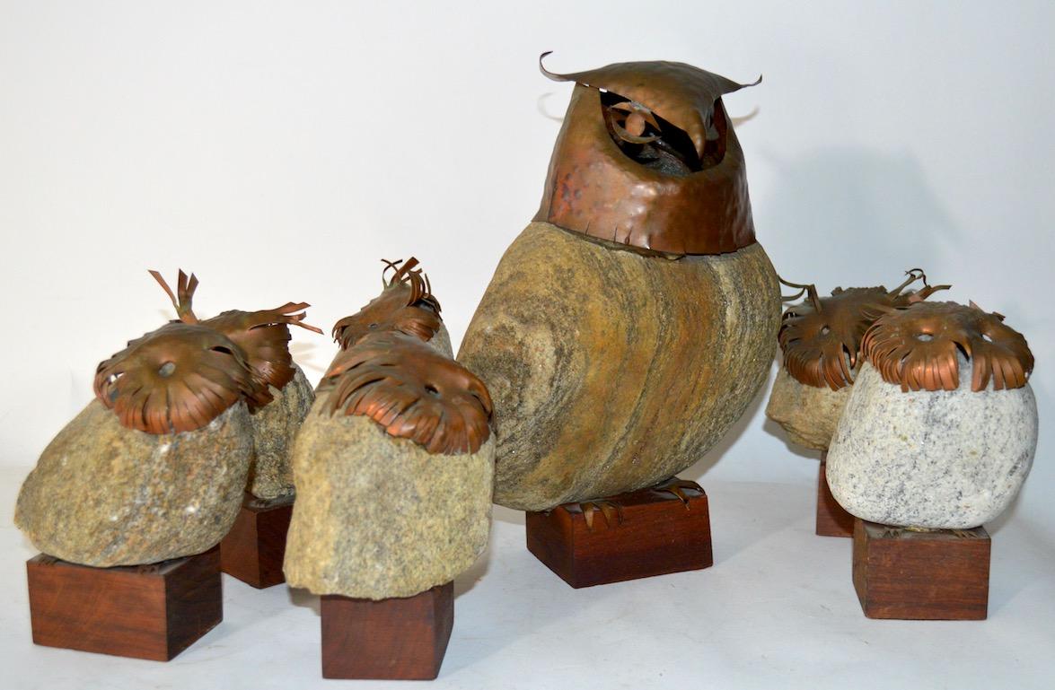 Seven-Piece Collection Brutalist Owls with Copper Heads and Feet with Stone Body 6