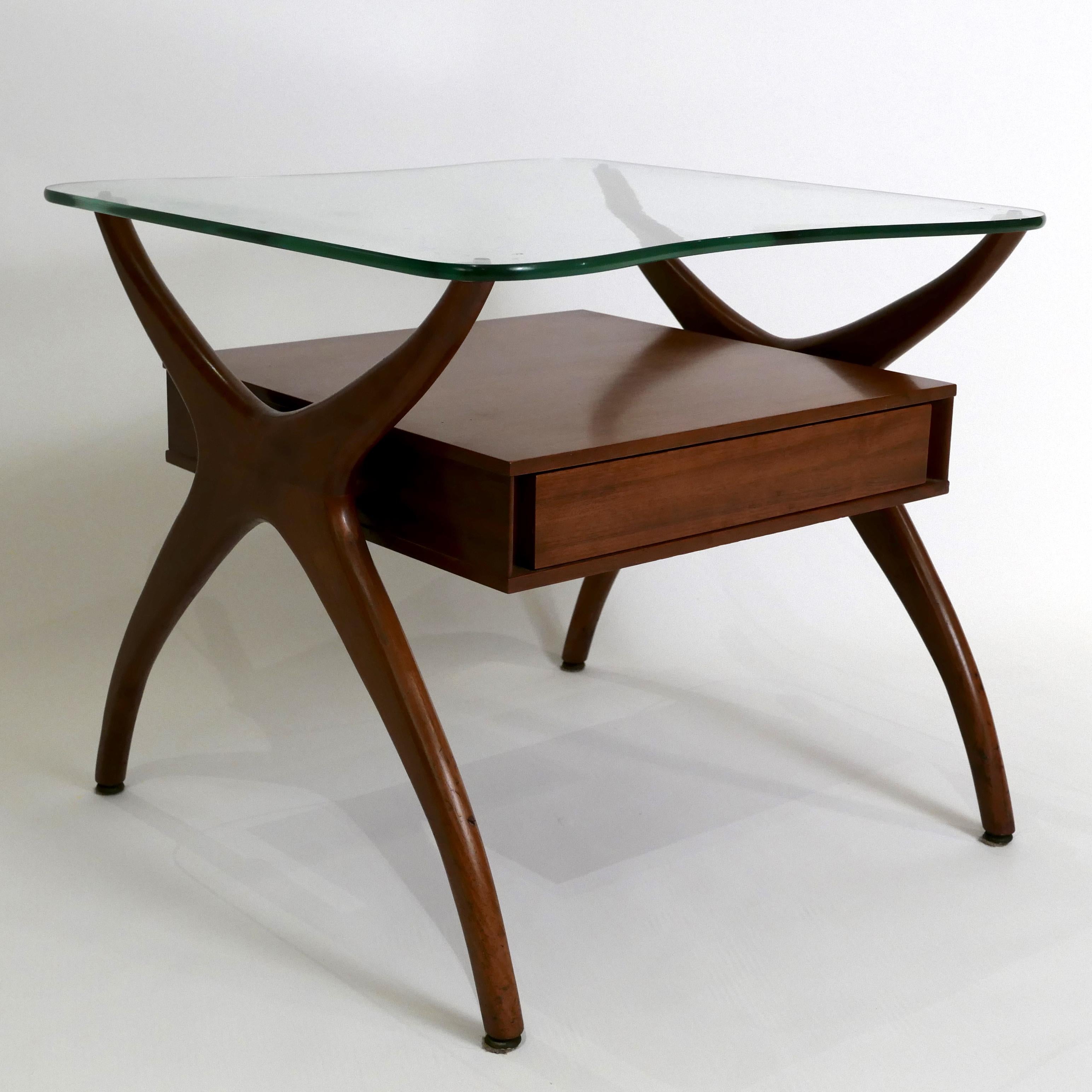 Midcentury Pair of Sculptural Walnut and Glass End Tables 6