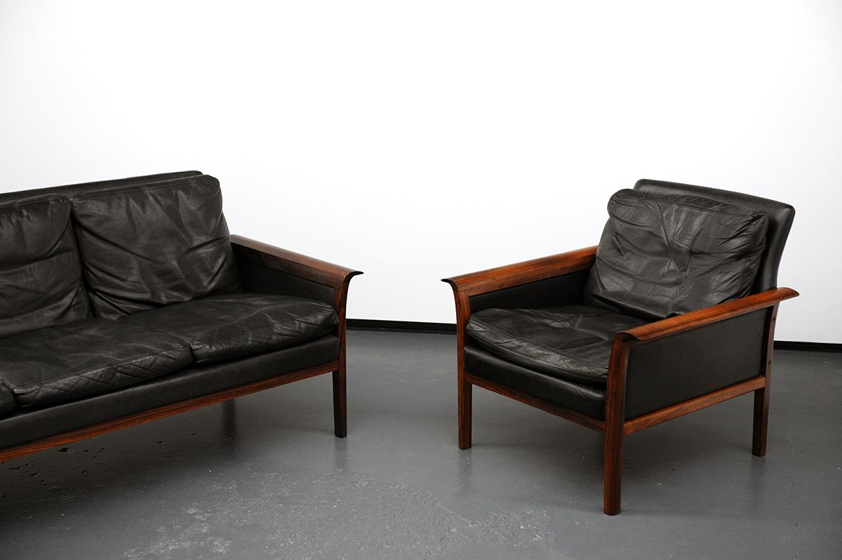 Four-Seat Sofa in Rosewood and Black Leather by Hans Olsen for Vatne, Norway 5