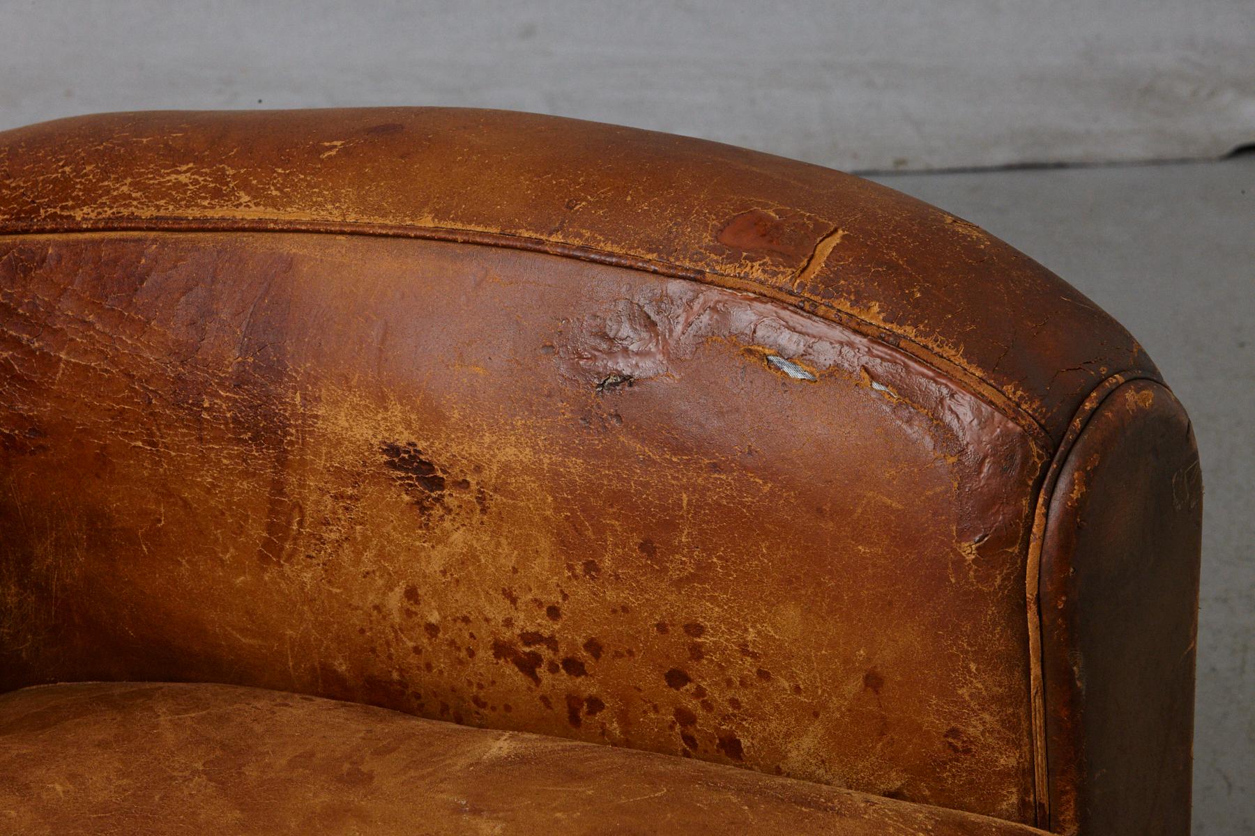 Pair of Large Distressed French Leather Fauteuils or Club Chairs, circa 1930s 7