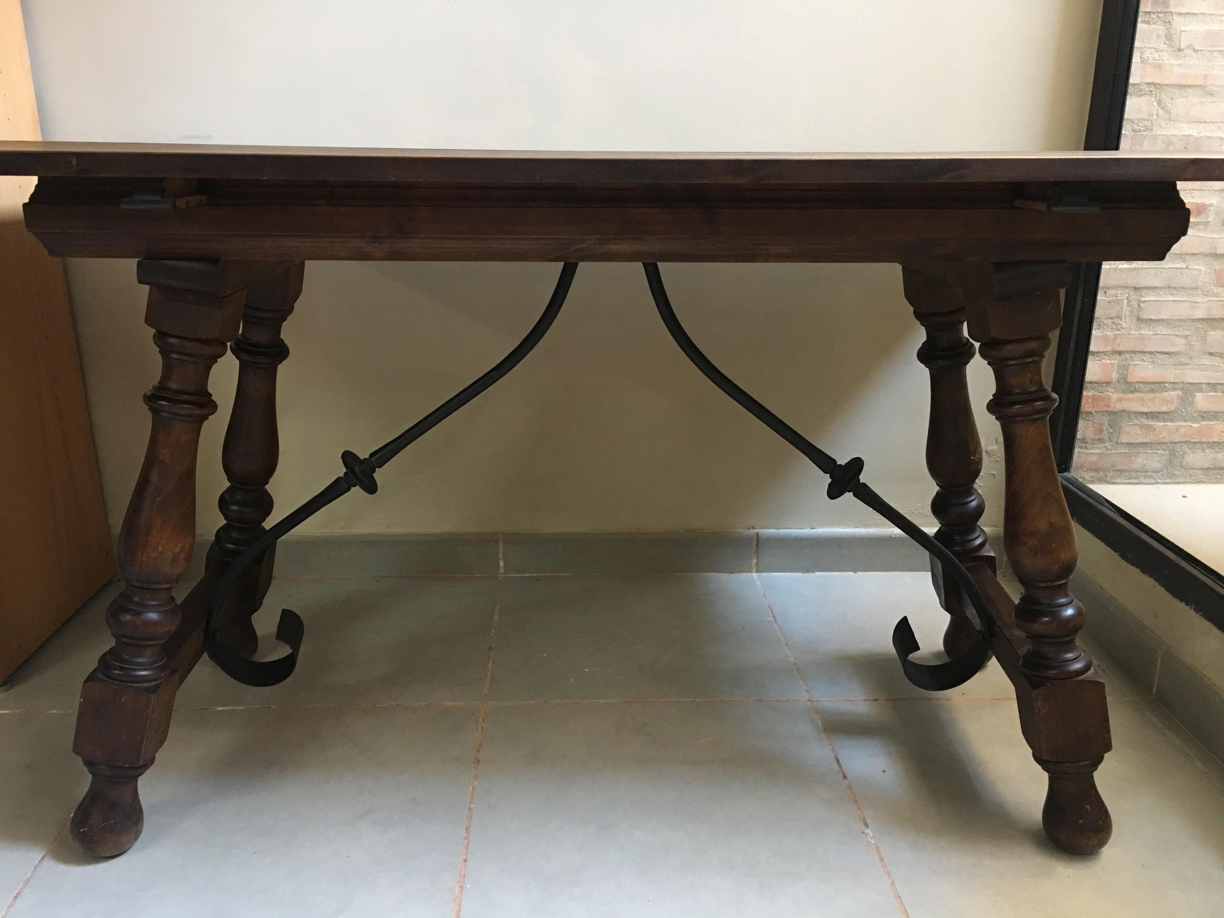 20th Century Spanish Console Fold Out Farm Table with Iron Stretcher 8