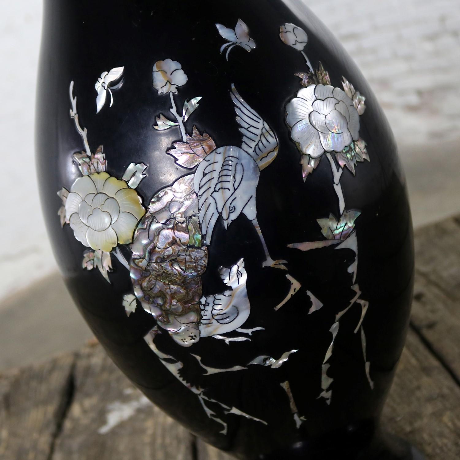 Black Lacquer with Inlaid Mother-of-Pearl Korean Bottle Vase Extra Large Footed 3