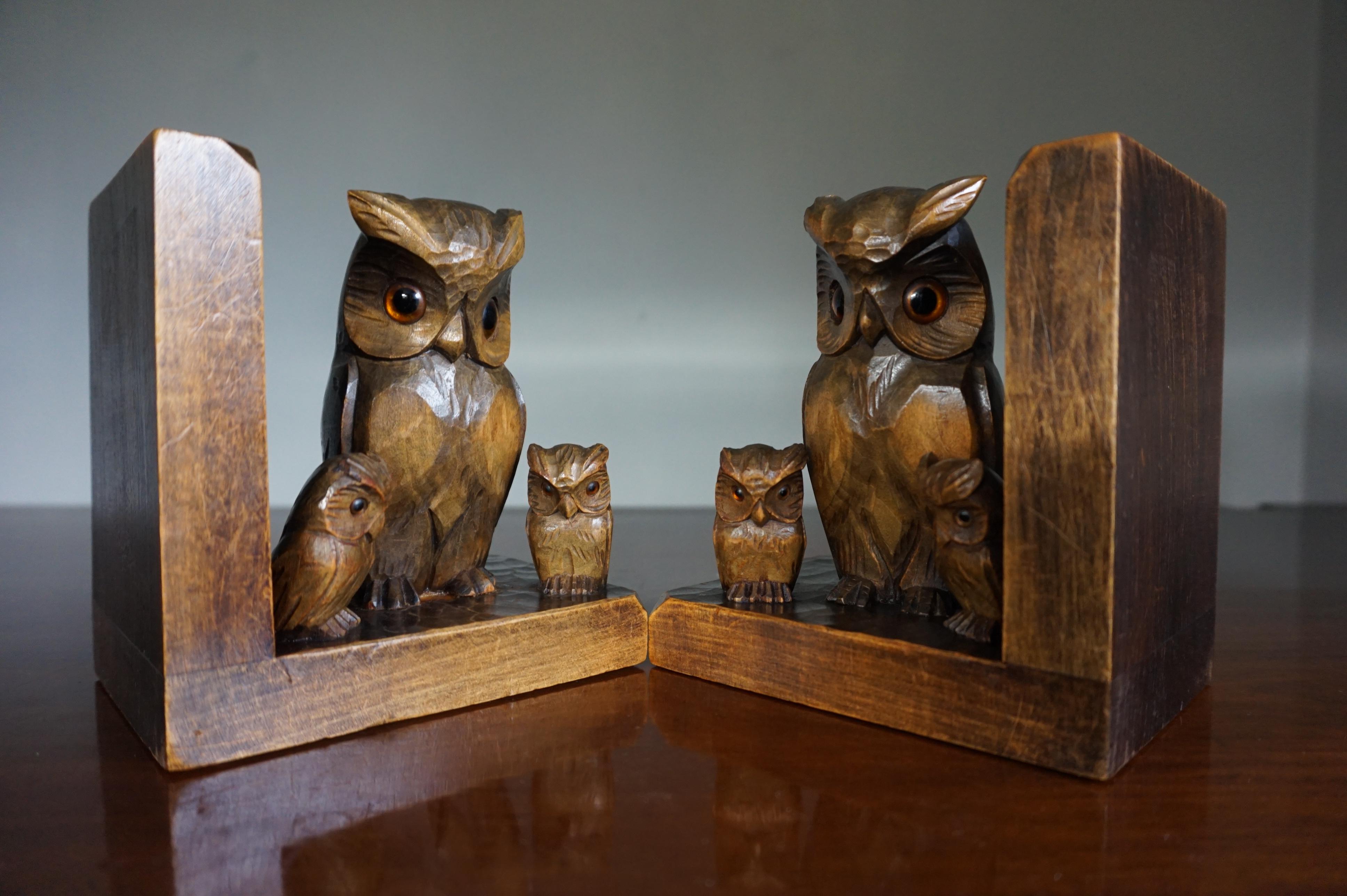 Early 20th Century Art Deco Era Bookends W. Hand Carved Family of Owl Sculptures 6