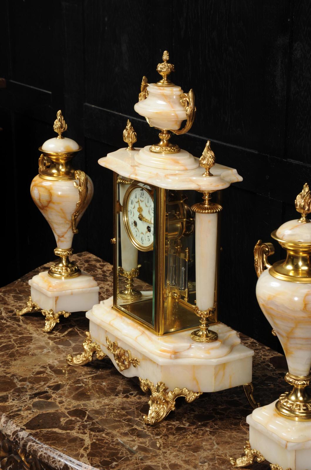 Antique French Four Glass Crystal Regulator Clock Set in Onyx and Ormolu 6