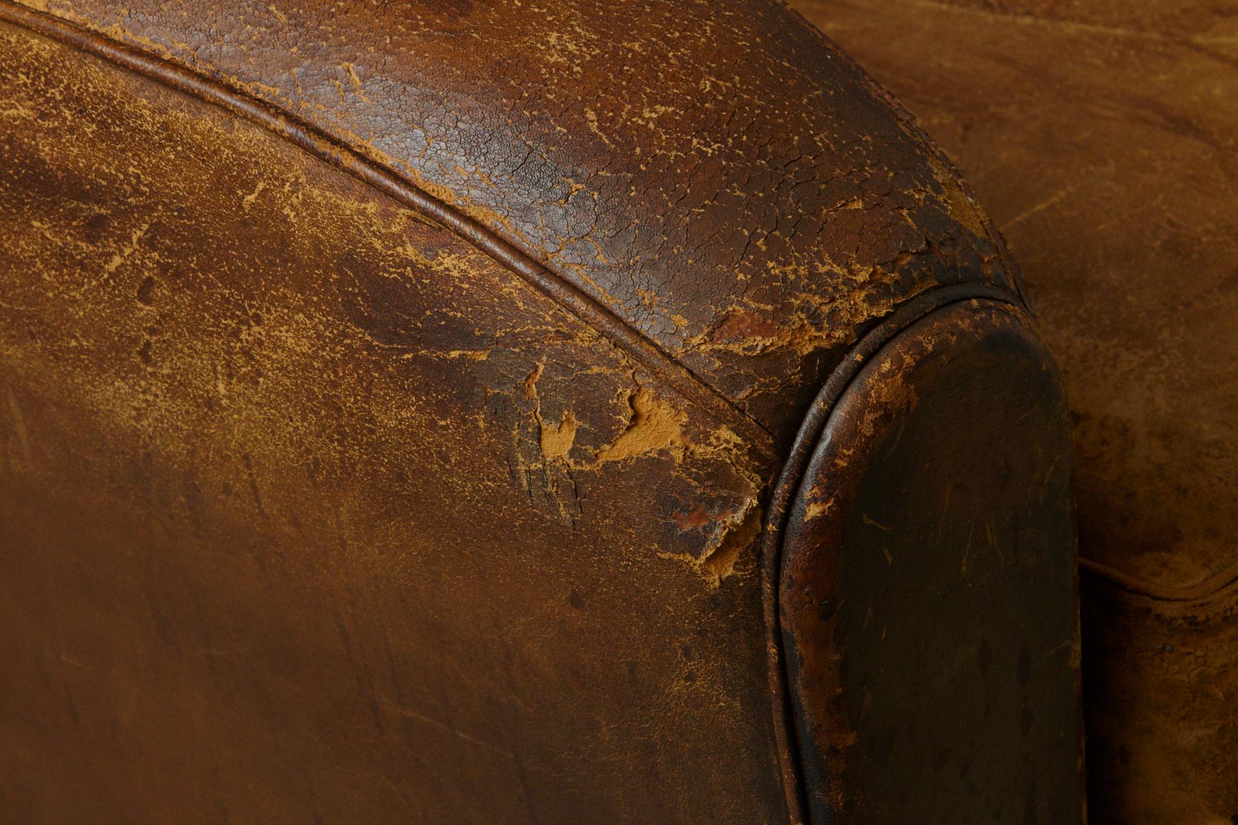 Pair of Large Distressed French Leather Fauteuils or Club Chairs, circa 1930s 8