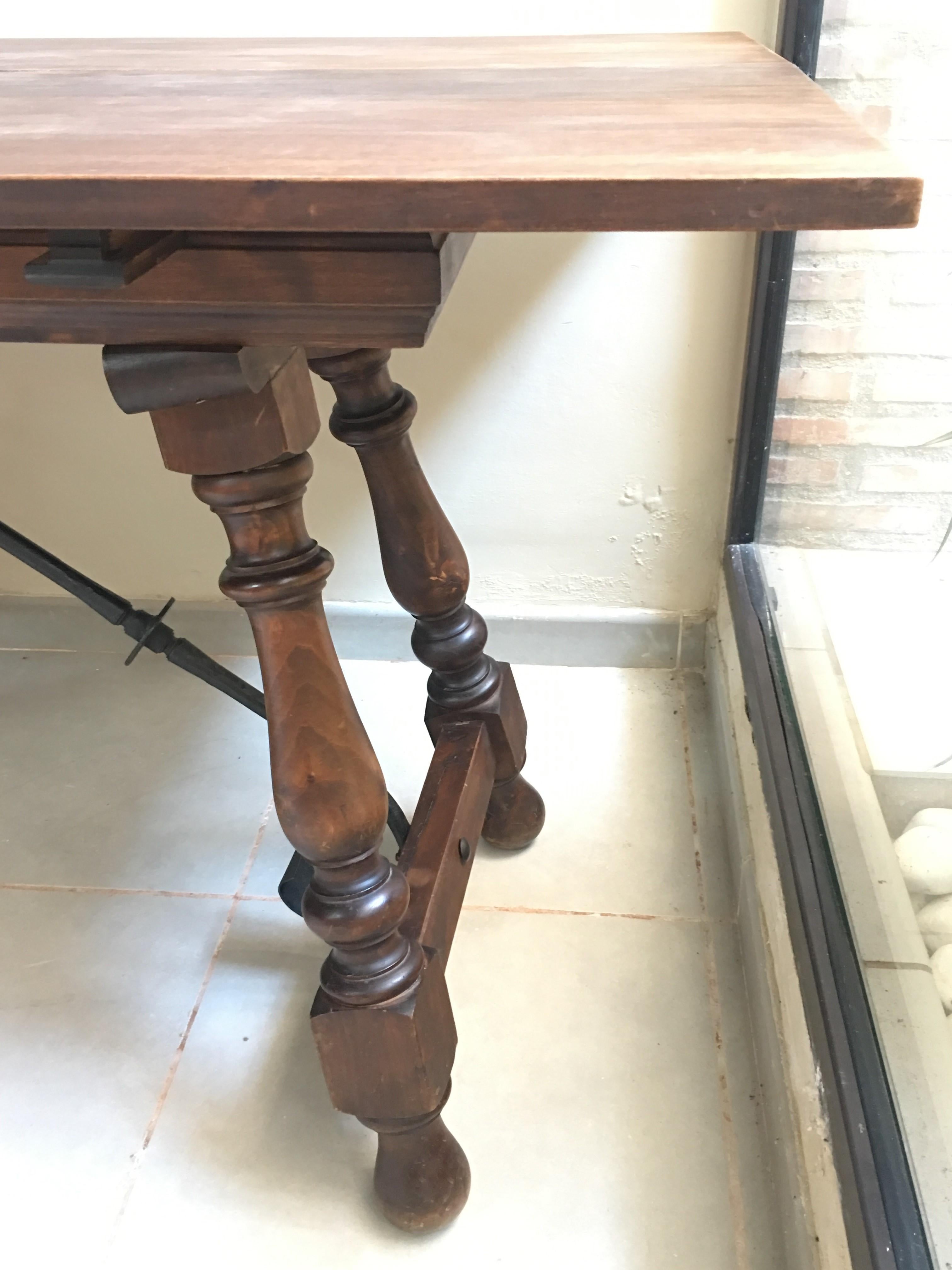 20th Century Spanish Console Fold Out Farm Table with Iron Stretcher 9
