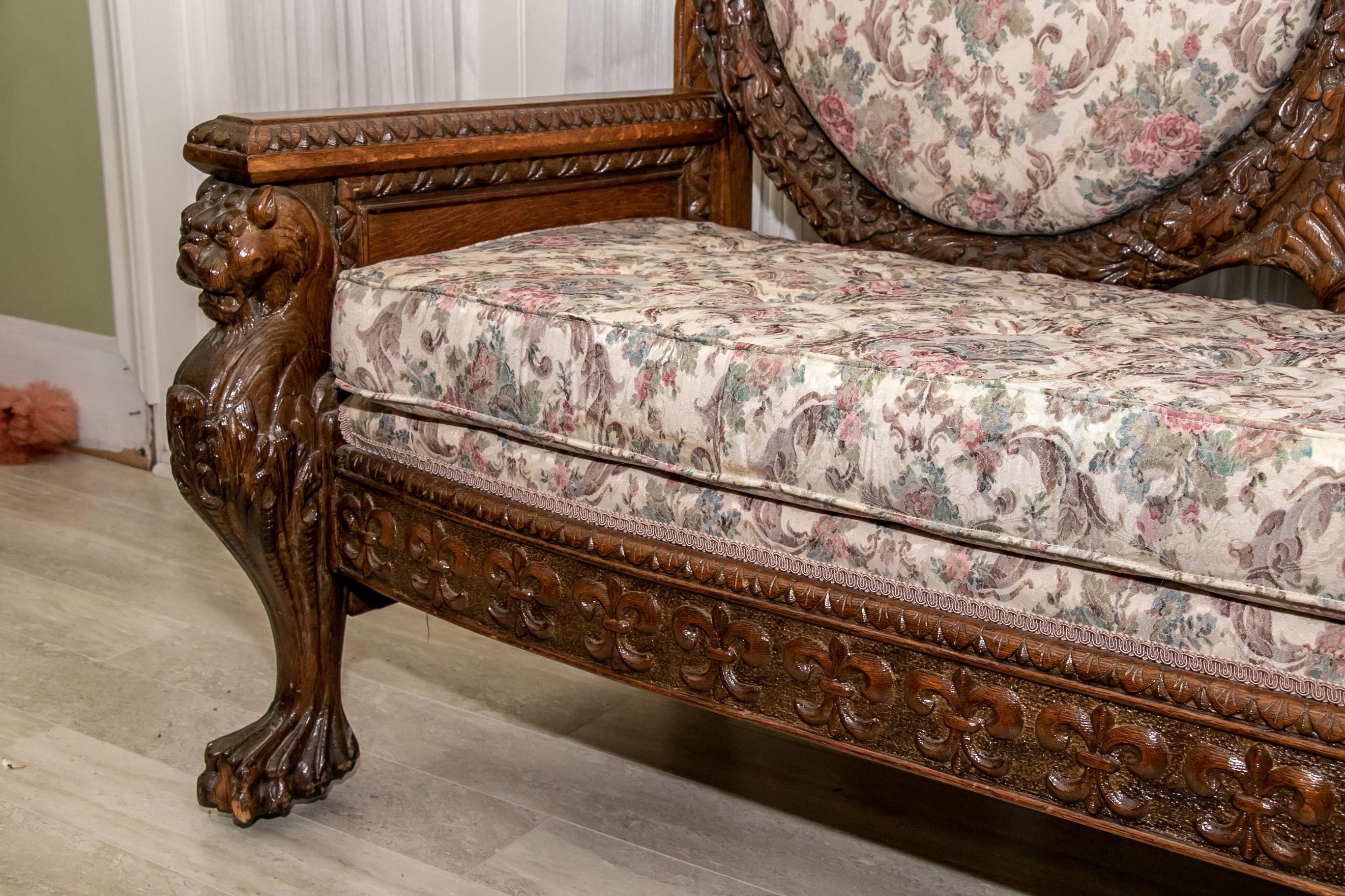 Late 19th Century Ornately Carved Oak Settee For Sale 8