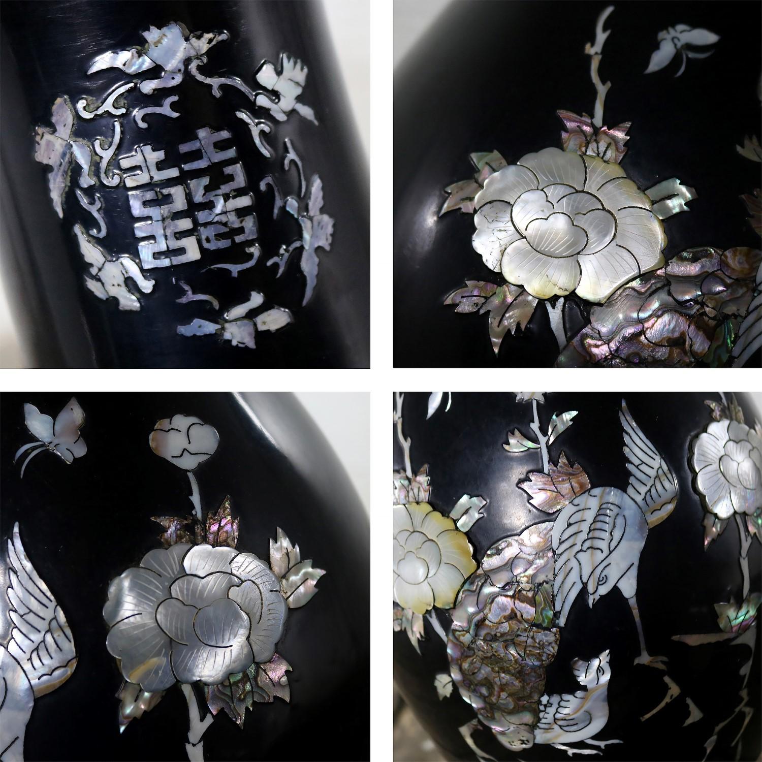 Black Lacquer with Inlaid Mother-of-Pearl Korean Bottle Vase Extra Large Footed 4