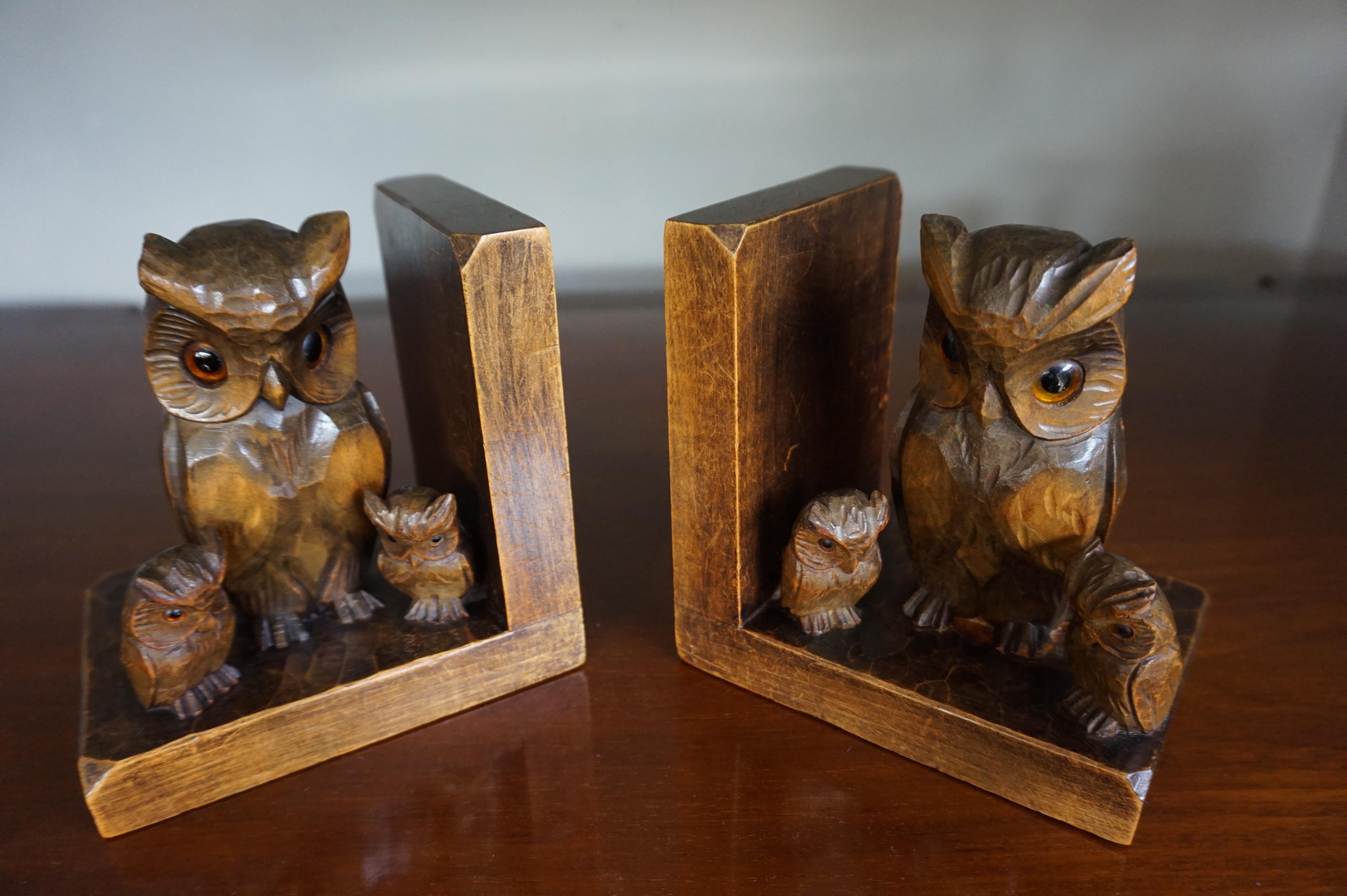 Early 20th Century Art Deco Era Bookends W. Hand Carved Family of Owl Sculptures 7