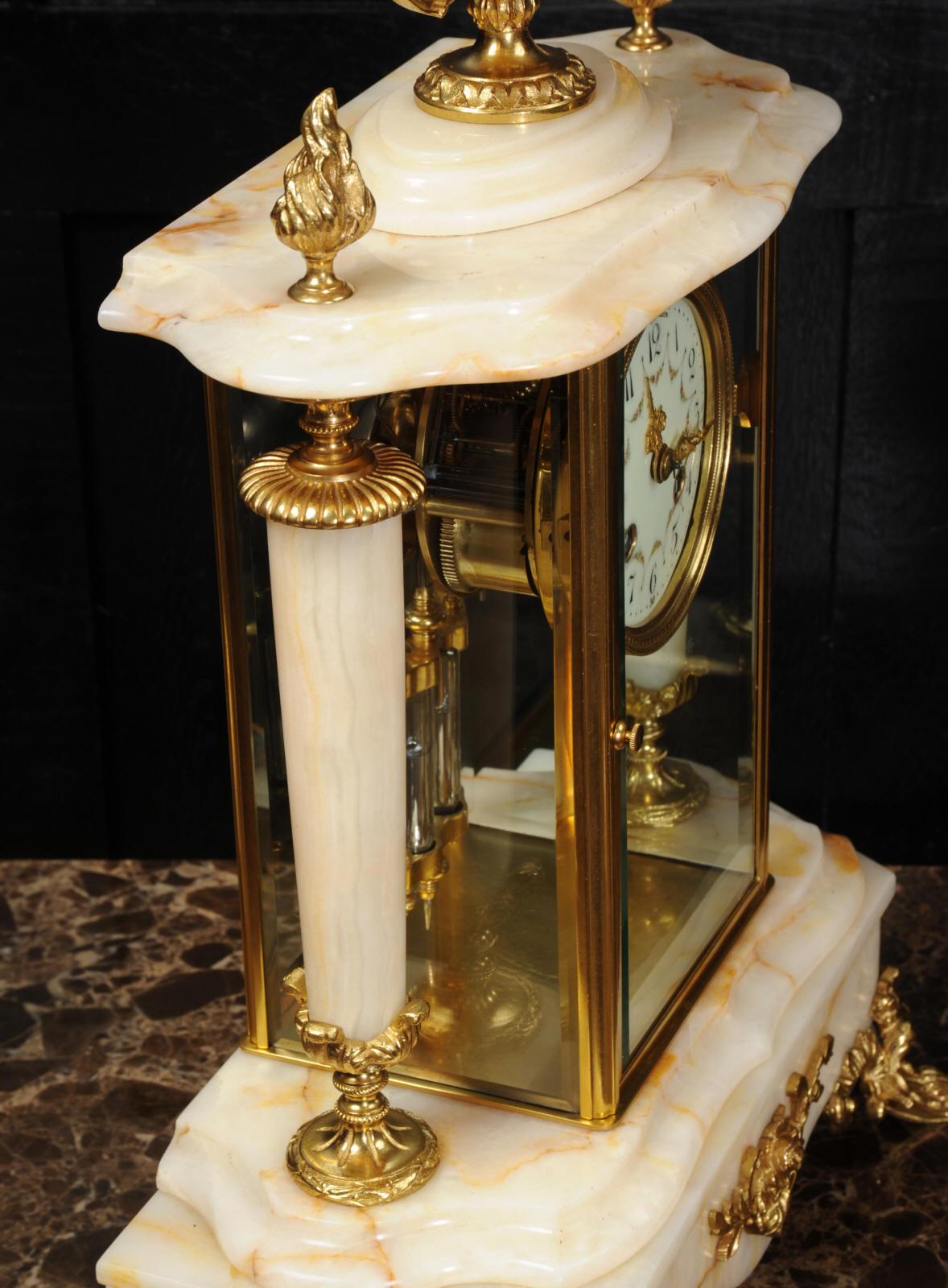 Antique French Four Glass Crystal Regulator Clock Set in Onyx and Ormolu 7
