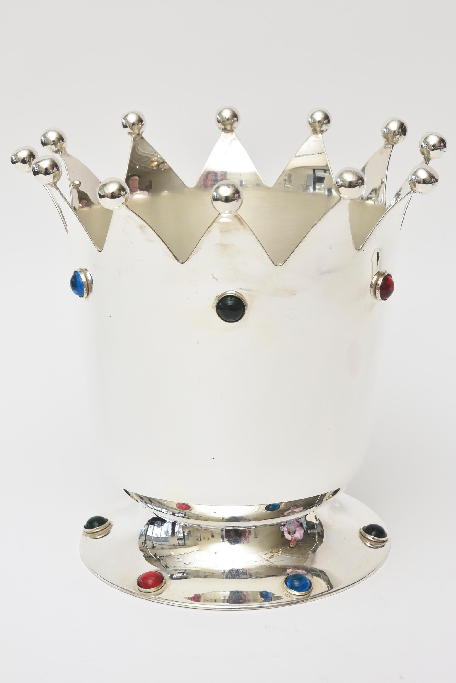 Mid-Century Modern Silver Plate & Glass Stone Crown Ice/ Champagne Bucket/ Bar 5