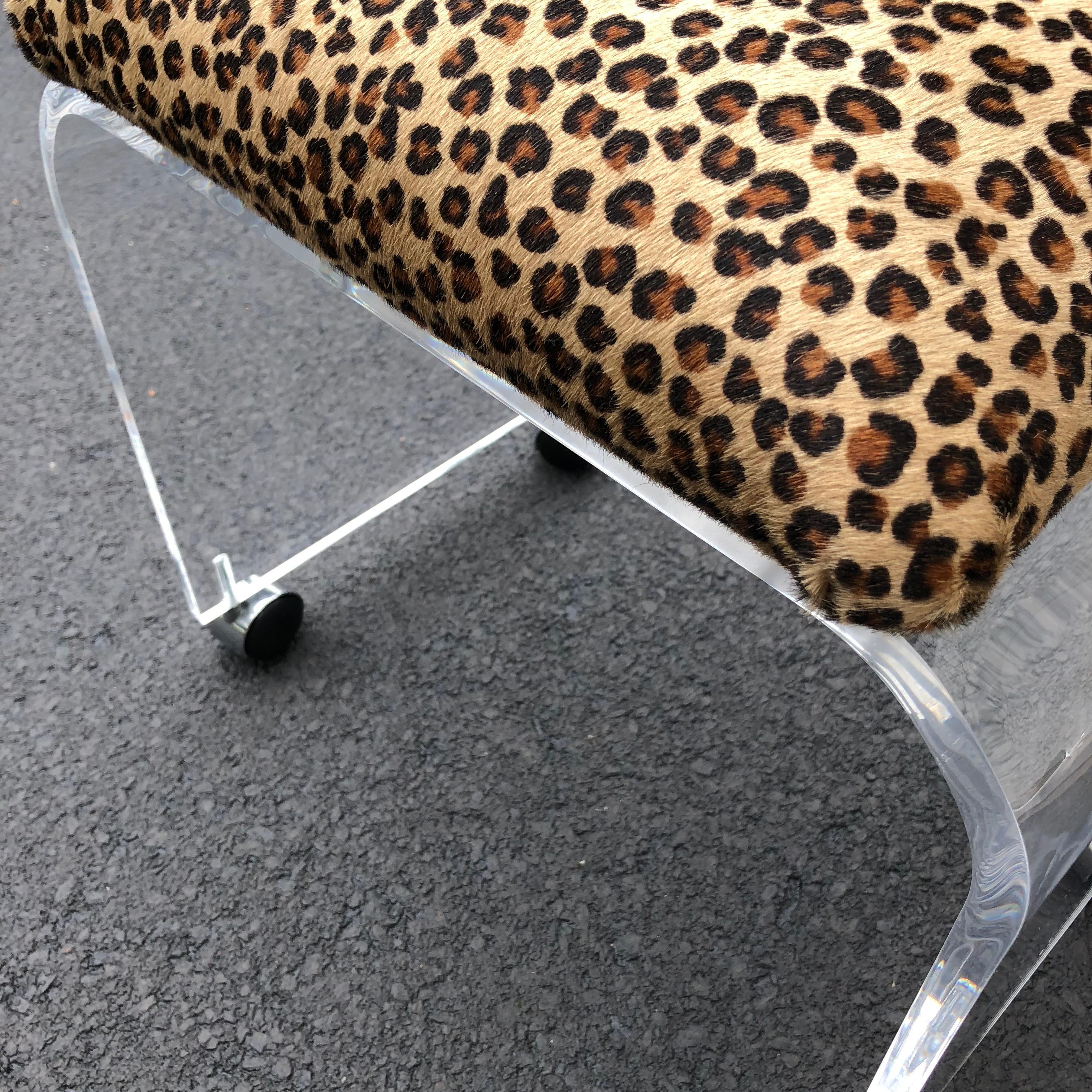 Mid-Century Modern Waterfall Lucite Stool or Bench with Faux Cheetah Fabric For Sale 5
