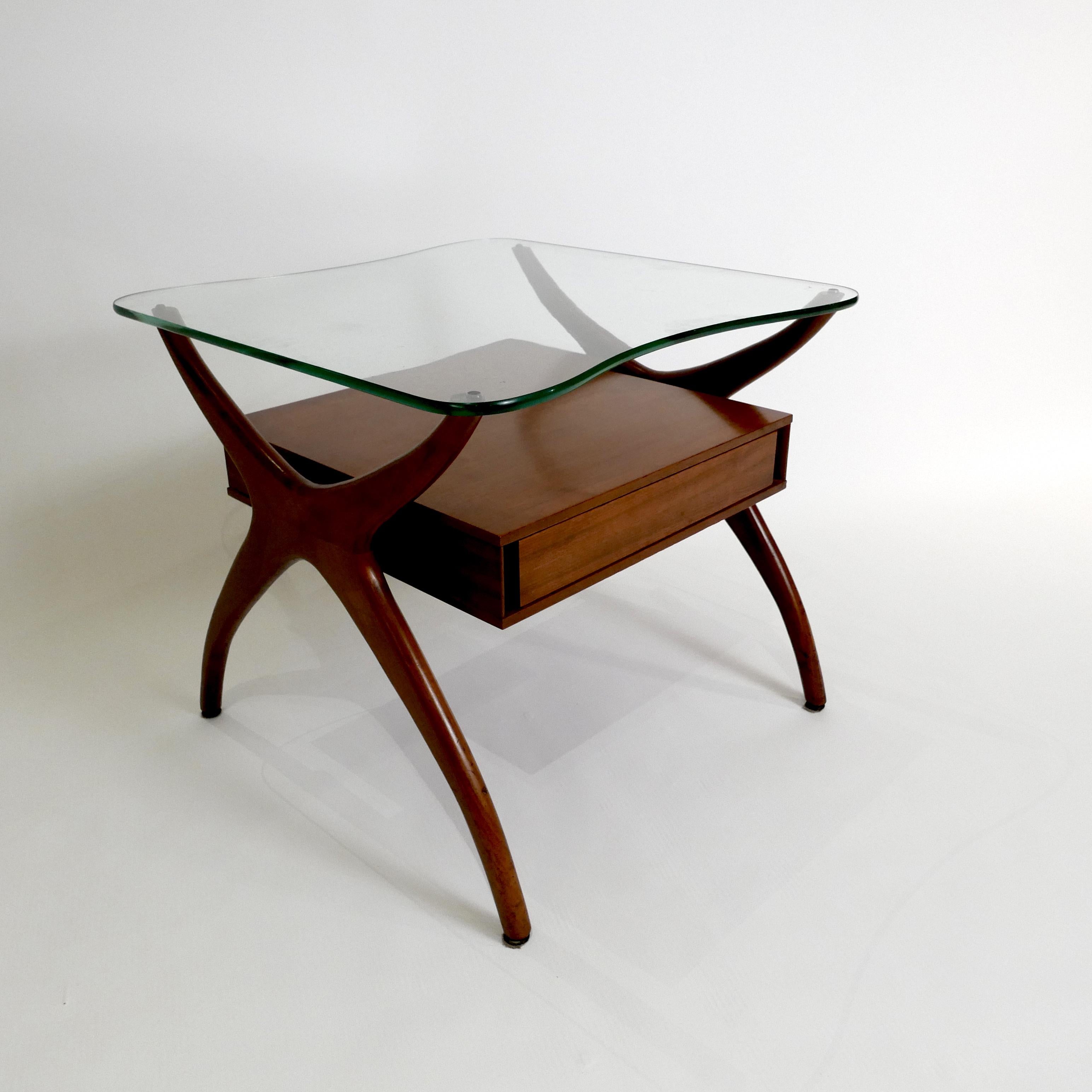 Midcentury Pair of Sculptural Walnut and Glass End Tables 9