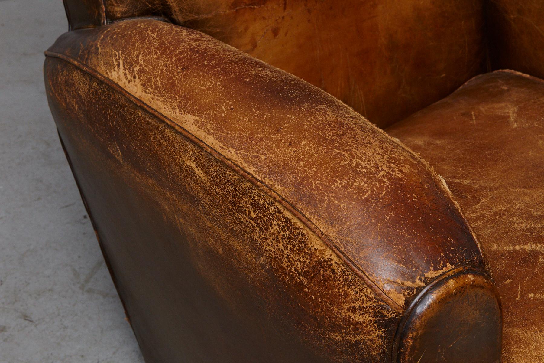 Pair of Large Distressed French Leather Fauteuils or Club Chairs, circa 1930s 10