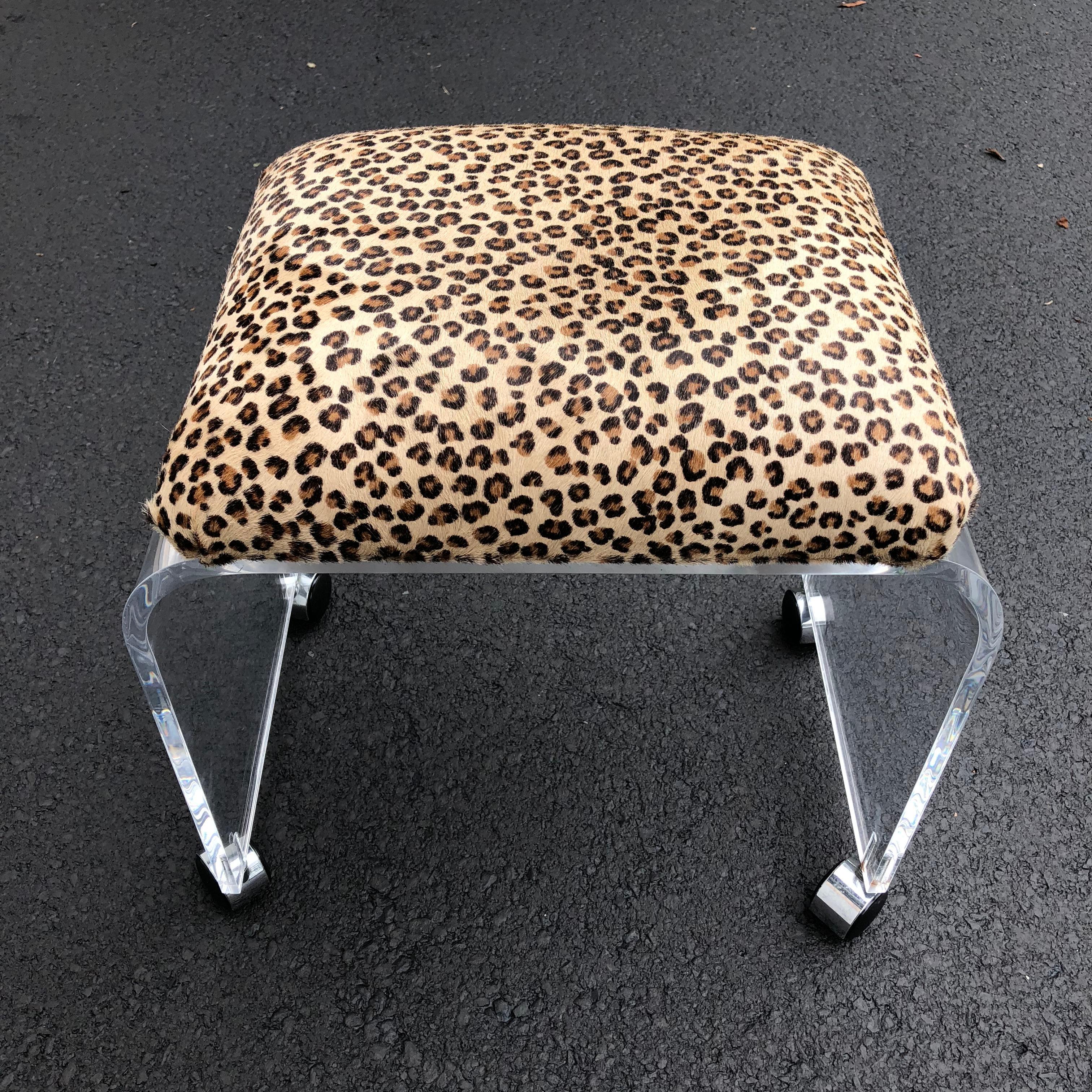 Mid-Century Modern Waterfall Lucite Stool or Bench with Faux Cheetah Fabric For Sale 7