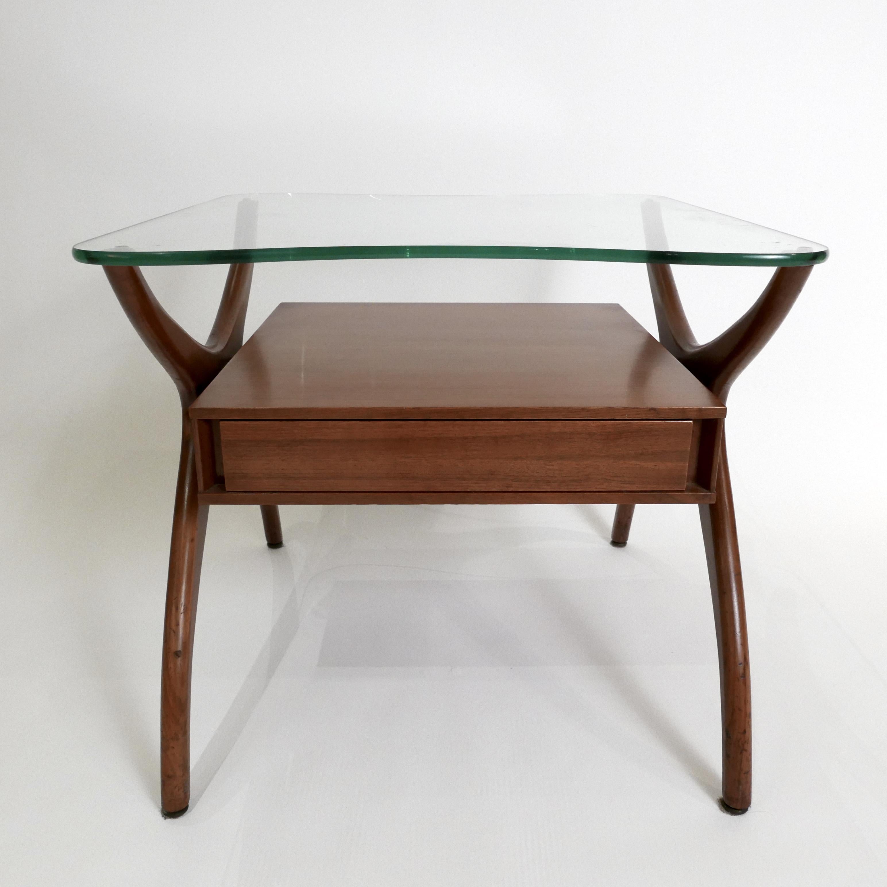 Midcentury Pair of Sculptural Walnut and Glass End Tables 10