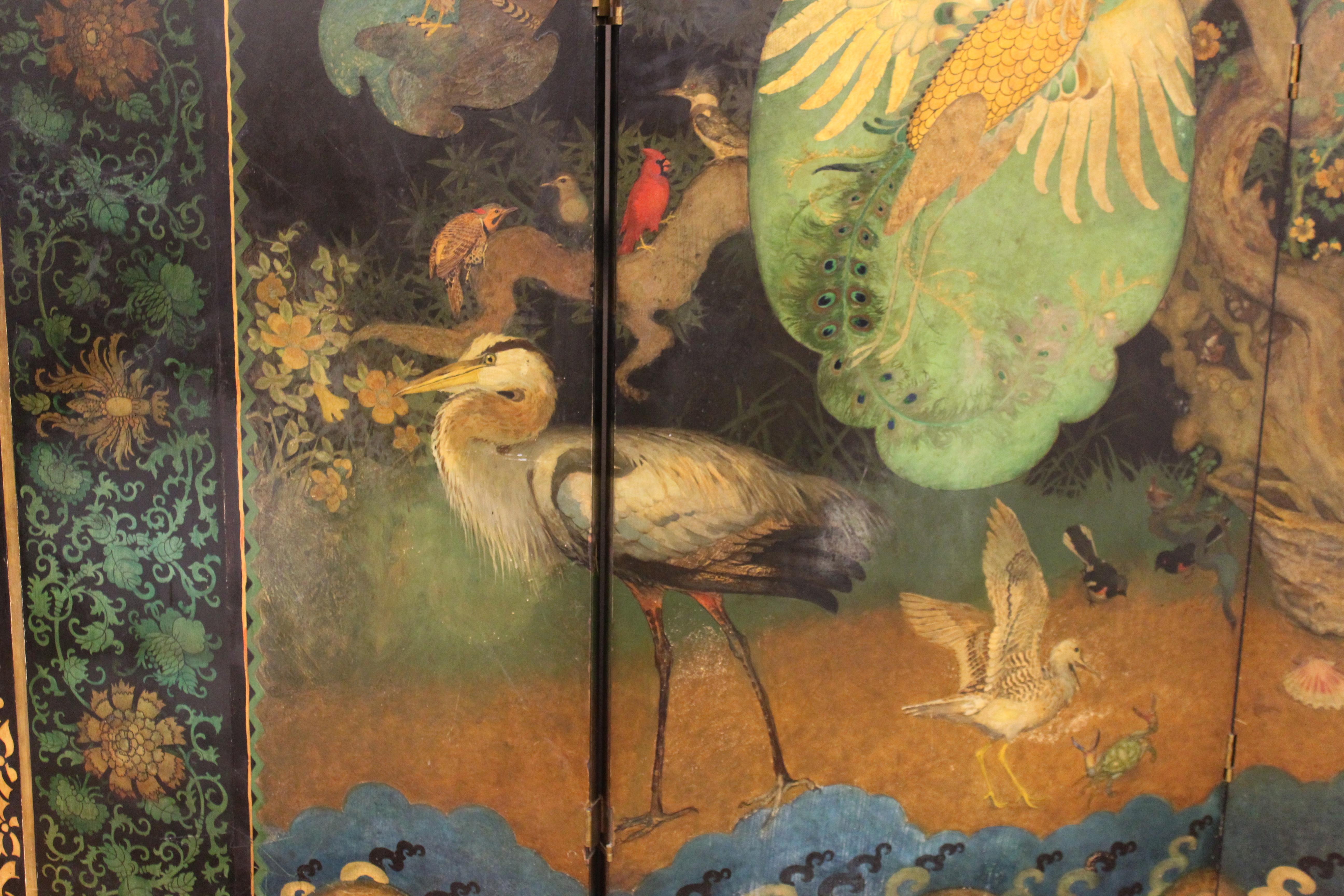 Stuart Travis Art Deco Painted Asian Style Folding Screen with Bird Scenery 9
