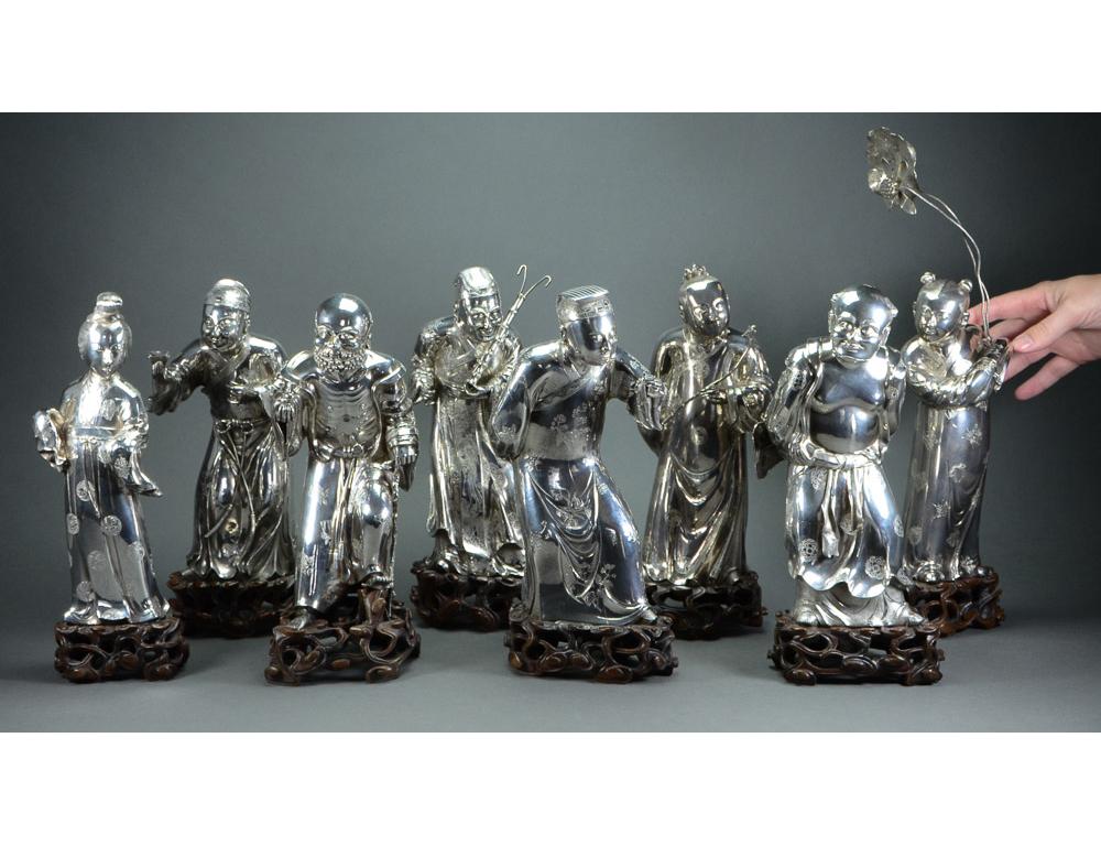 Esportazione cinese Figure d'argento di Otto Immortali Marchi Yangqinghe Jiuji, tarda dinastia Qing in vendita